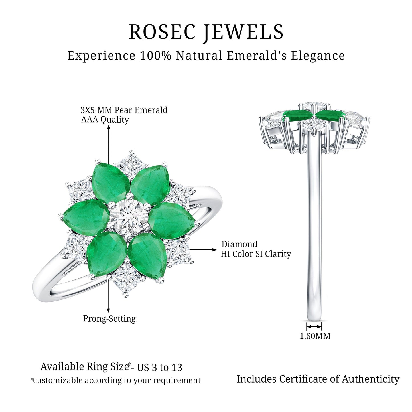 Genuine Emerald and Diamond Nature Inspired Statement Ring