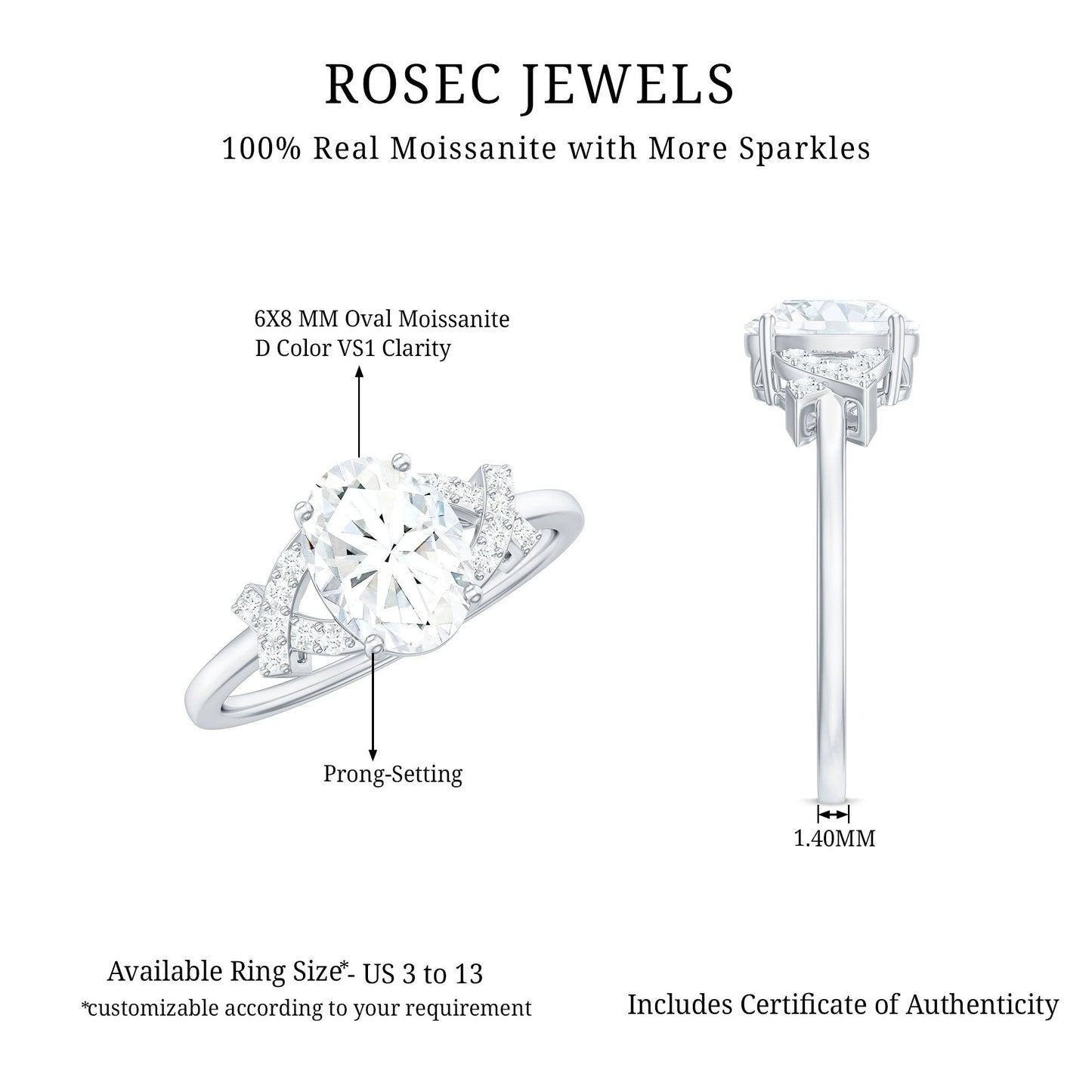 Certified Moissanite Oval Engagement Ring in Split Shank