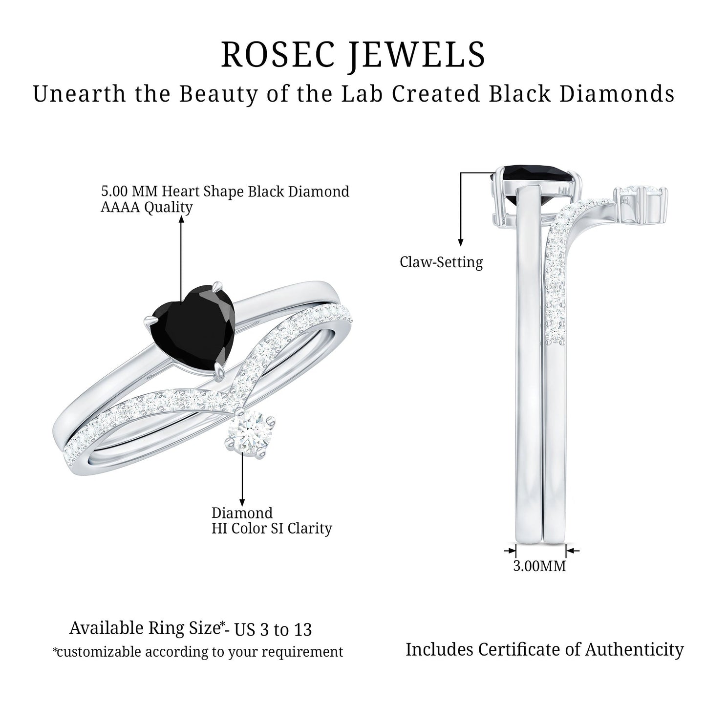 Heart Shape Created Black Diamond Solitaire Ring Set with Diamond