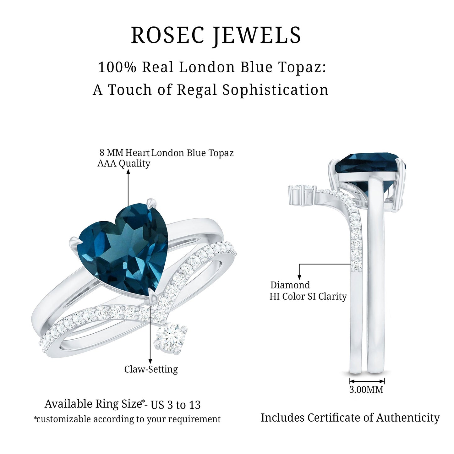 2 Carat Heart Shaped London Blue Topaz Solitaire Ring Set with Diamond Curved Band