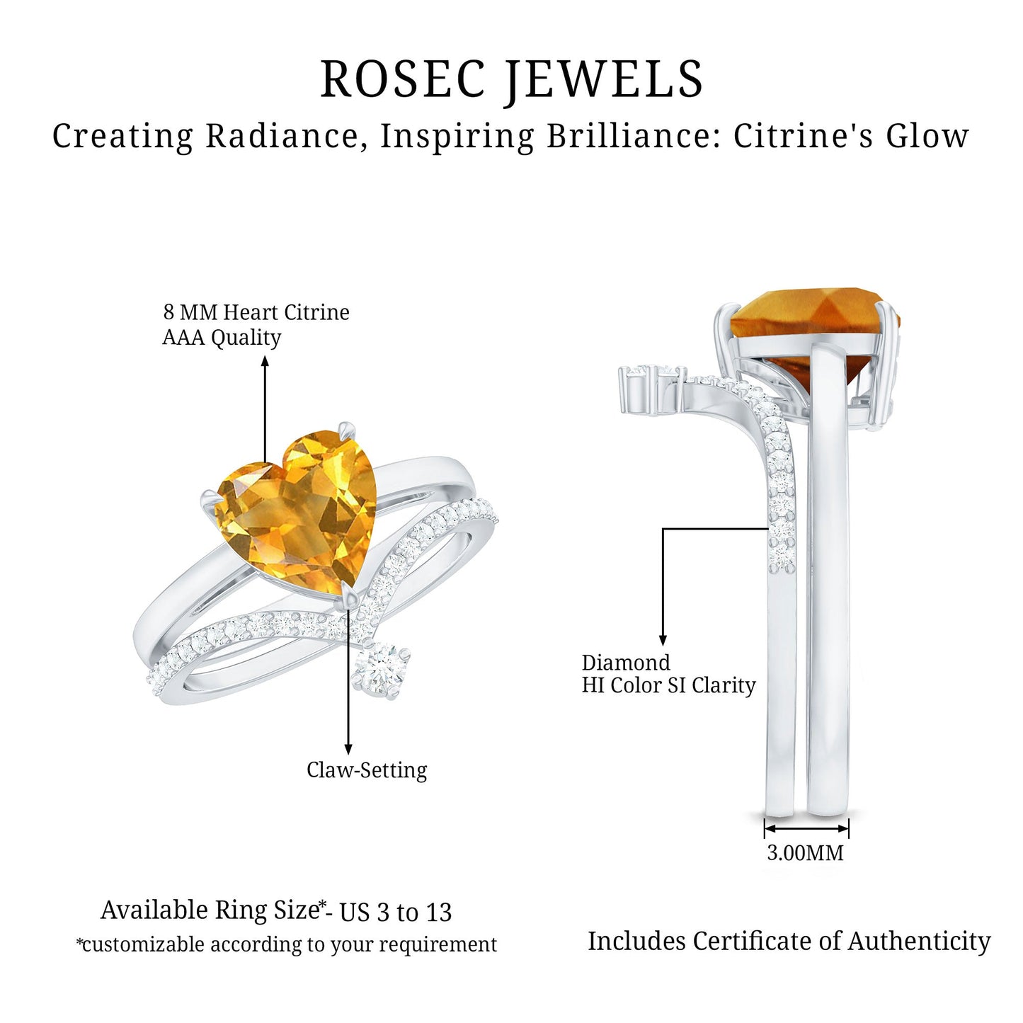 Natural Citrine Heart Engagement Ring with Diamond Enhancer