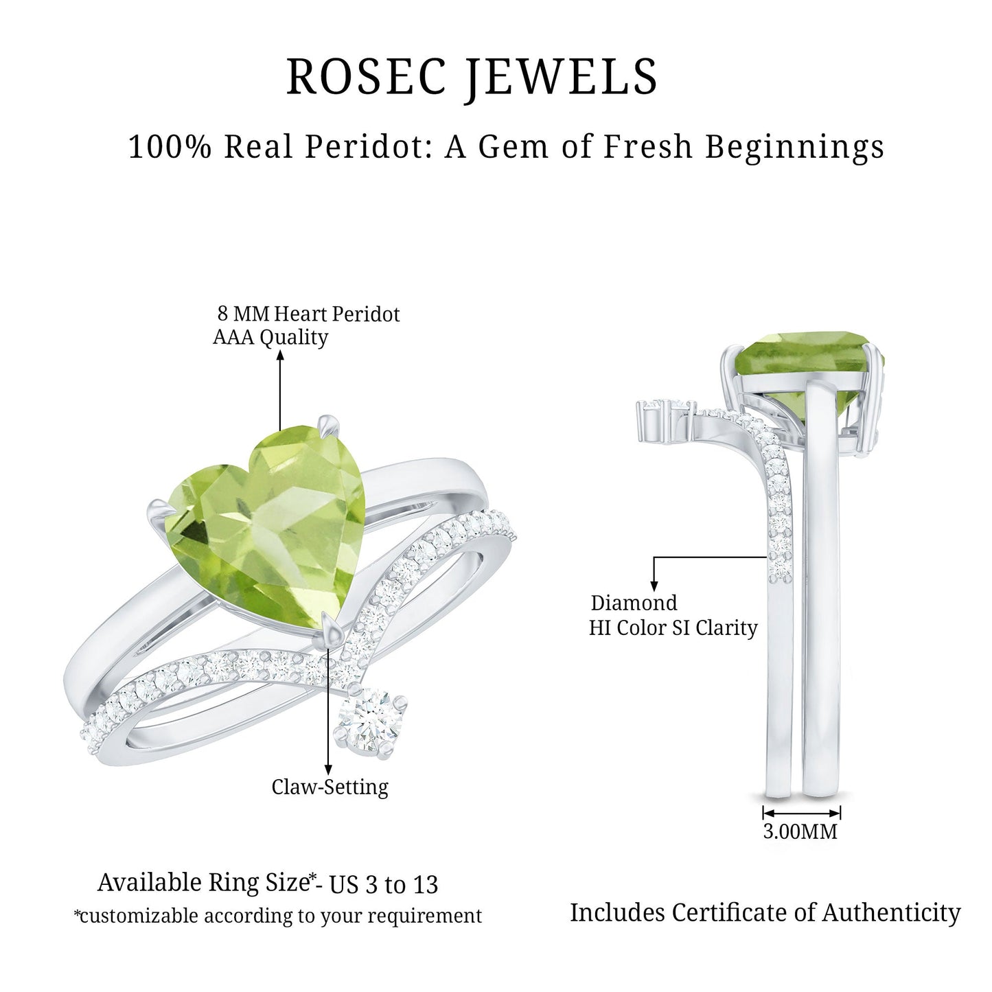 Natural 2 Carat Peridot Heart Engagement Ring with Diamond Enhancer