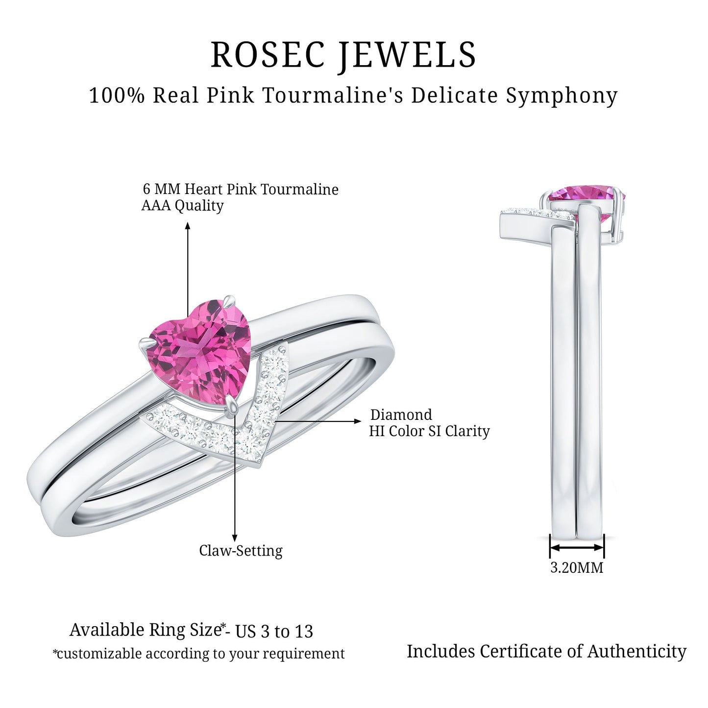 Pink Tourmaline Heart Ring Set with Diamond