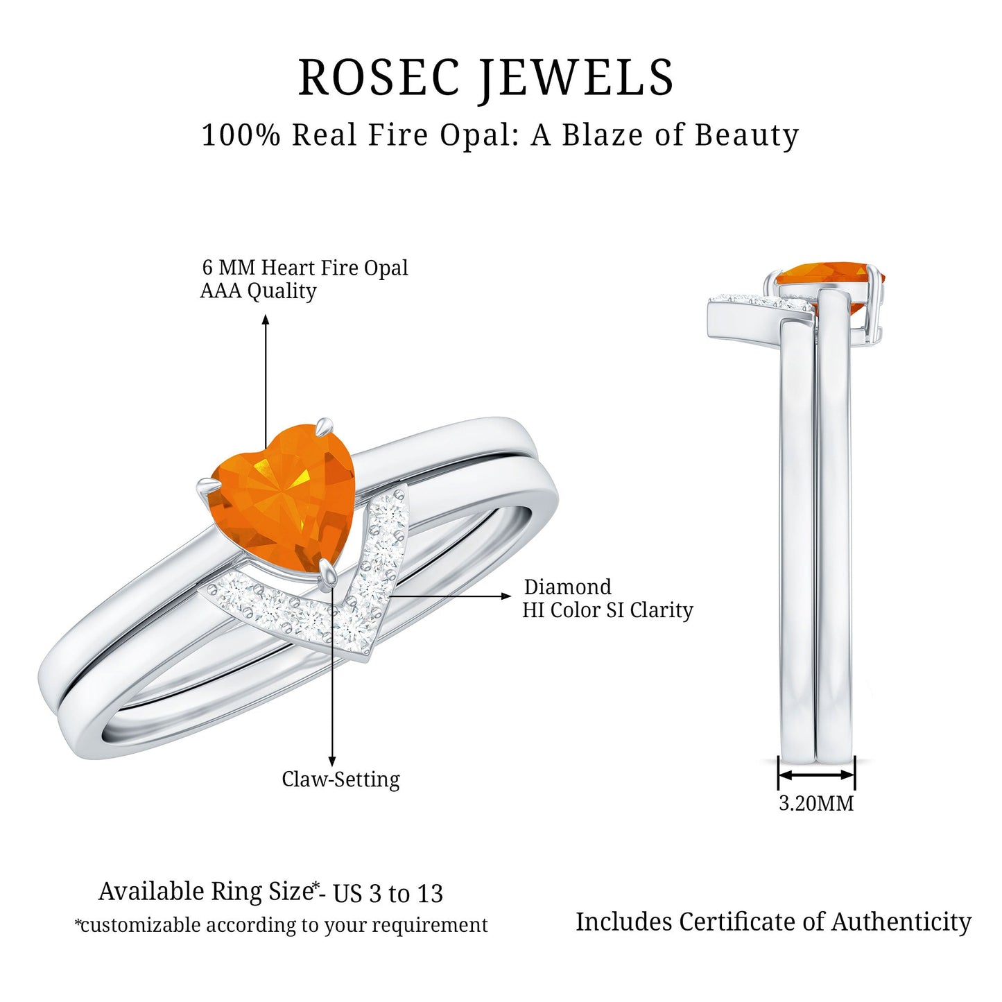 Natural Fire Opal Heart Solitaire Ring Set with Diamond Band