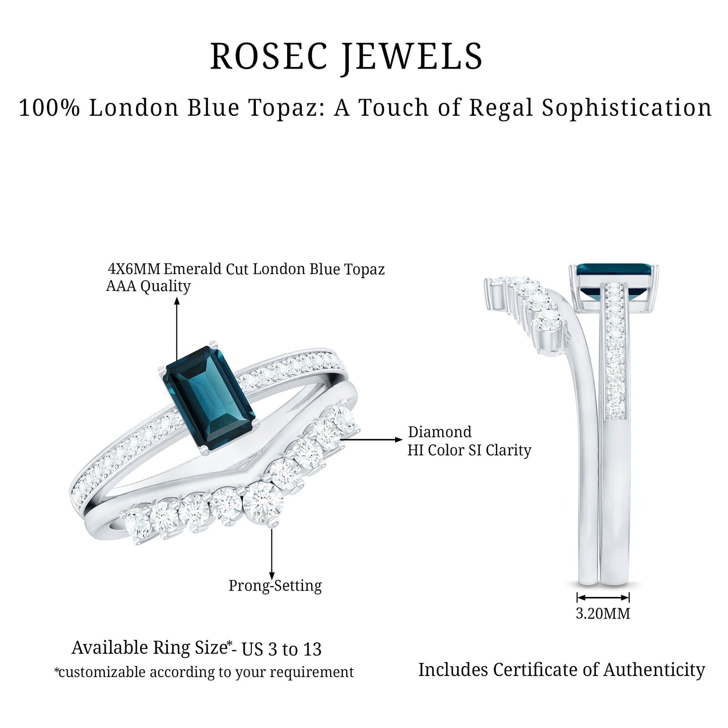 London Blue Topaz Engagement Ring with Diamond Wedding Band