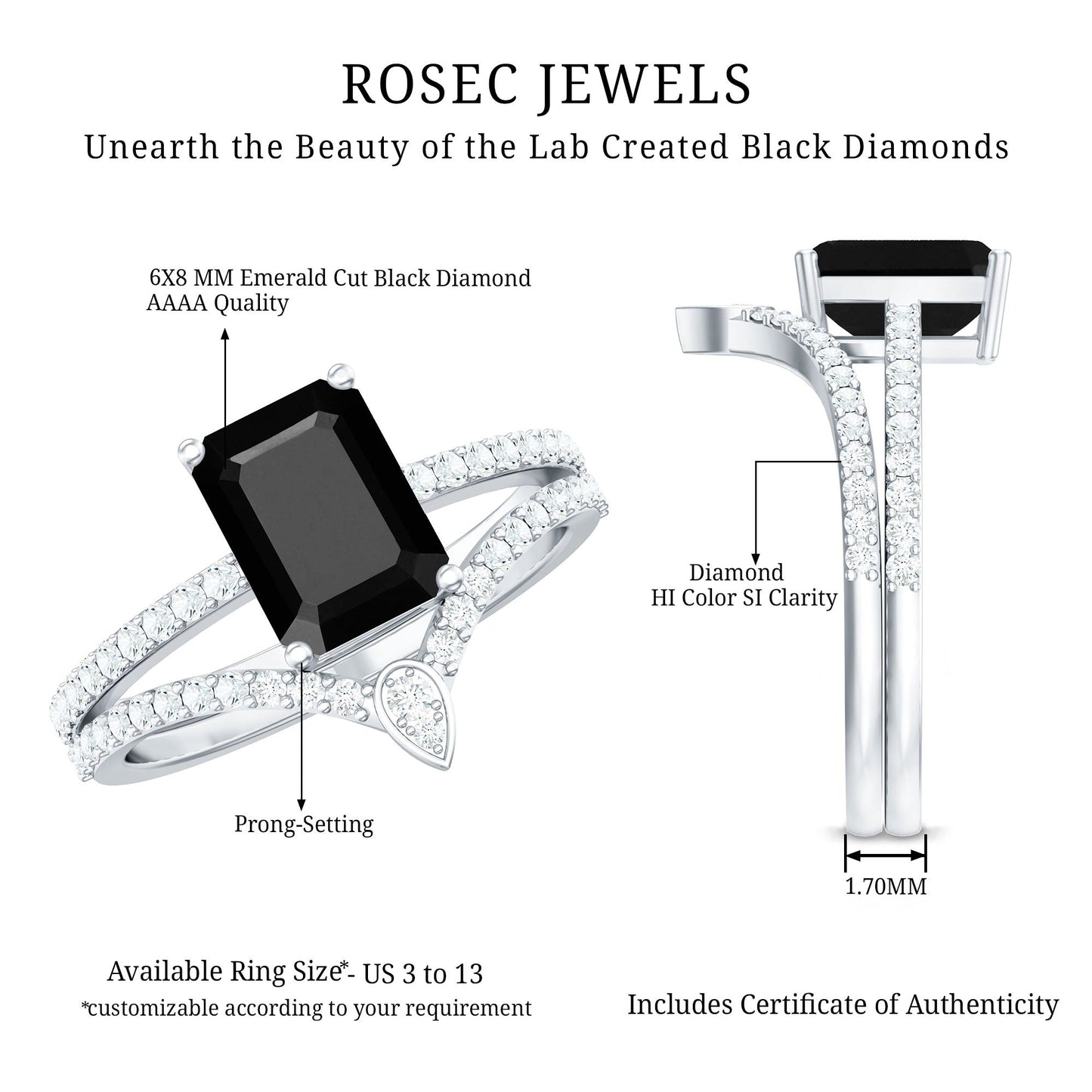 1.6 Carat Emerald Cut Lab Grown Black and White Diamond Wedding Ring Set for Women