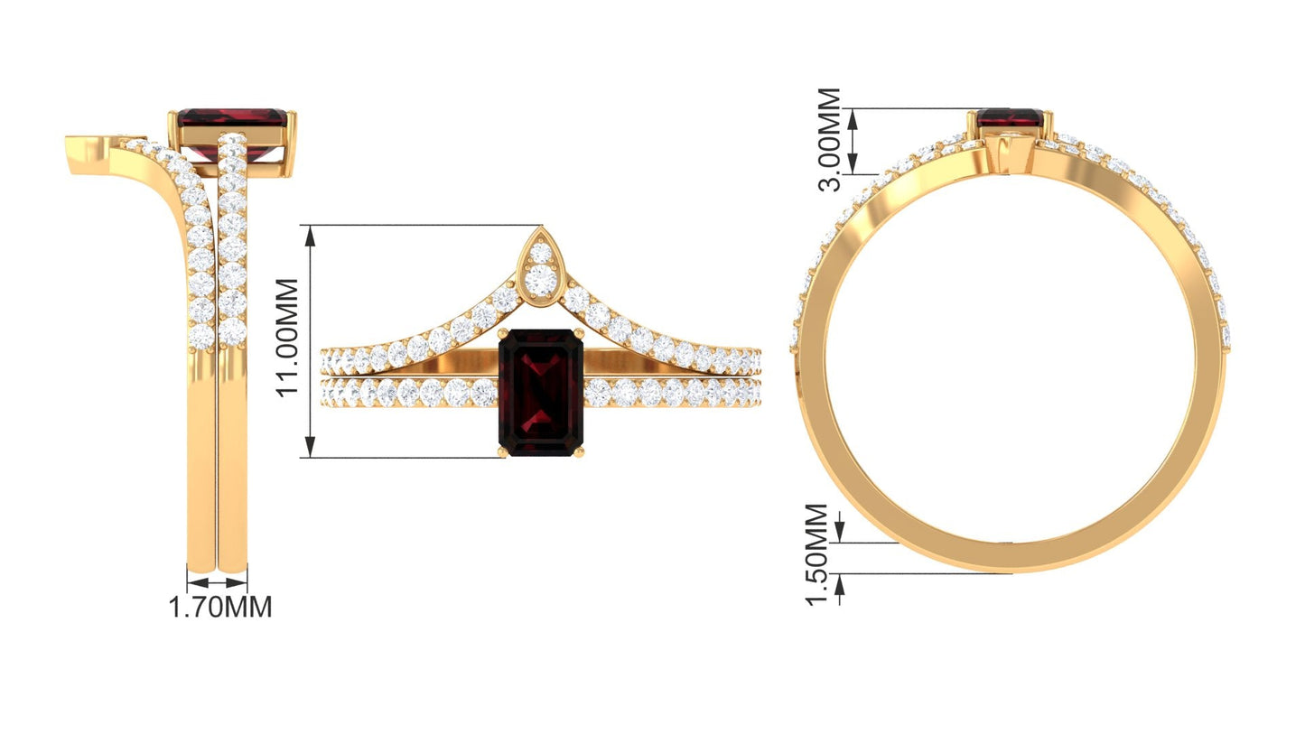 Real 0.7 Carat Garnet Diamond Emerald Cut Wedding Bridal Ring Set of 2