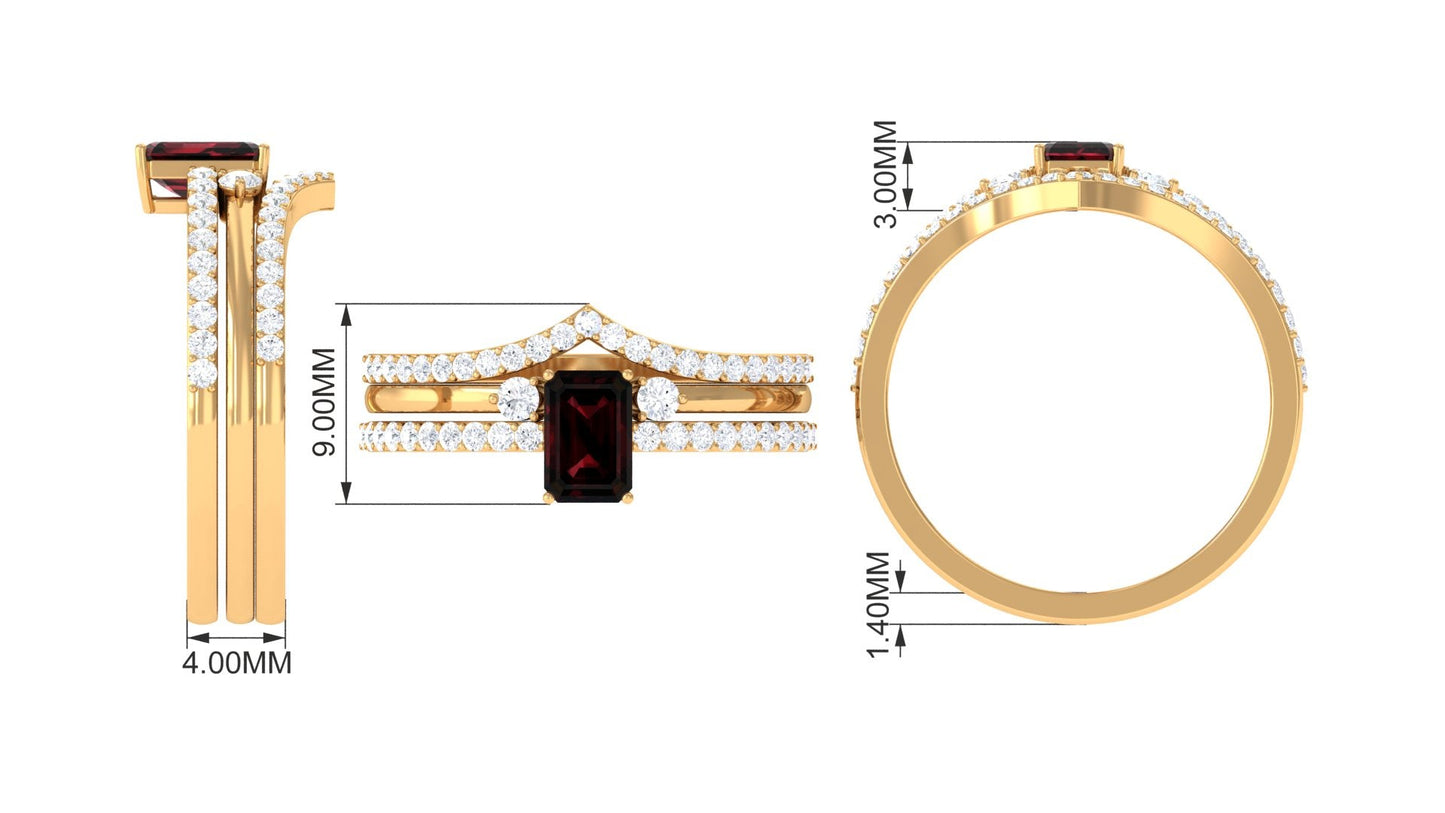 0.7 Carat Natural Emerald Cut Garnet Diamond Wedding Bridal Ring Set of 3