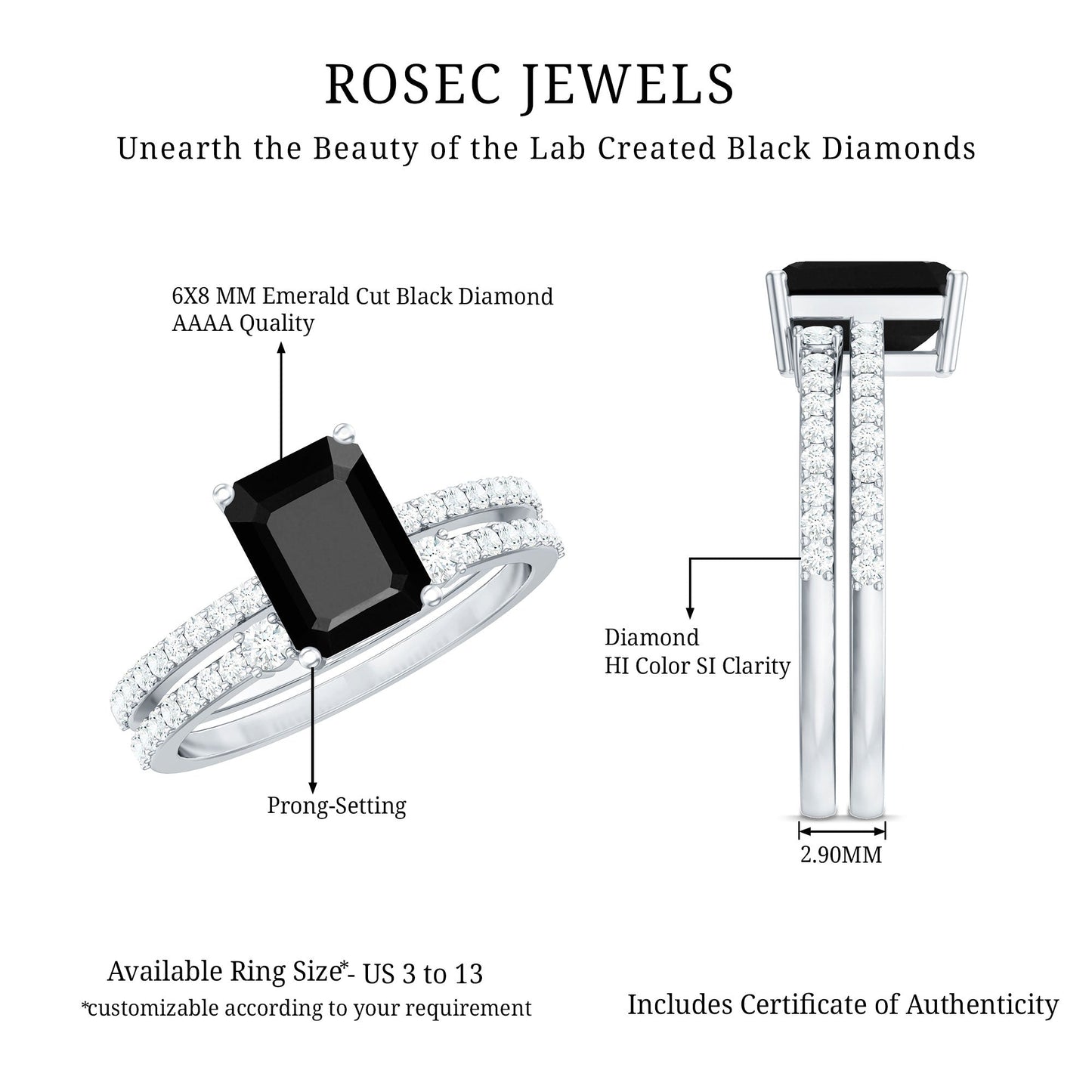 Emerald Cut Created Black Diamond Engagement Ring Set with Diamond