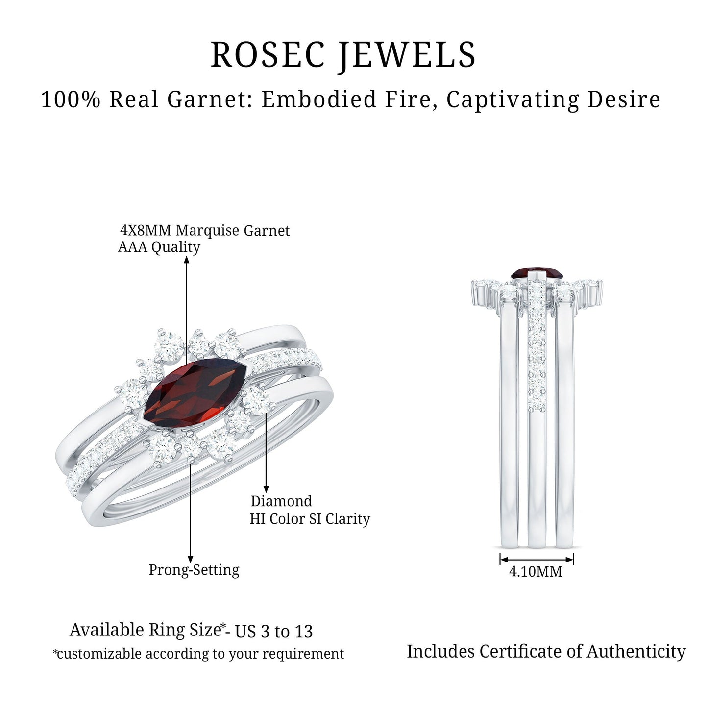 Natural 0.7 Carat Garnet Marquise Engagement Wedding Ring Set of 3 with Diamond