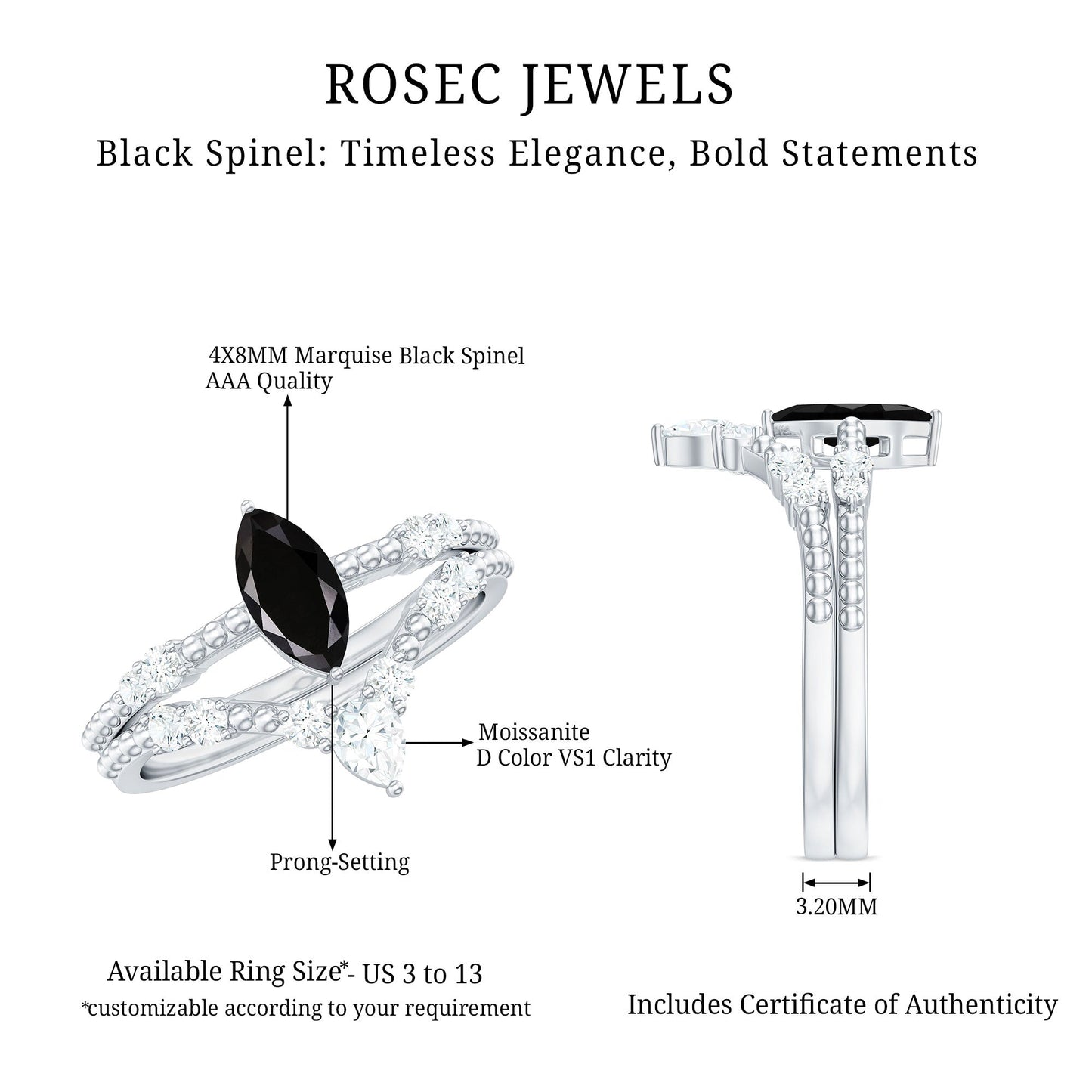 Natural Black Spinel Wedding Engagement Ring Set with Moissanite