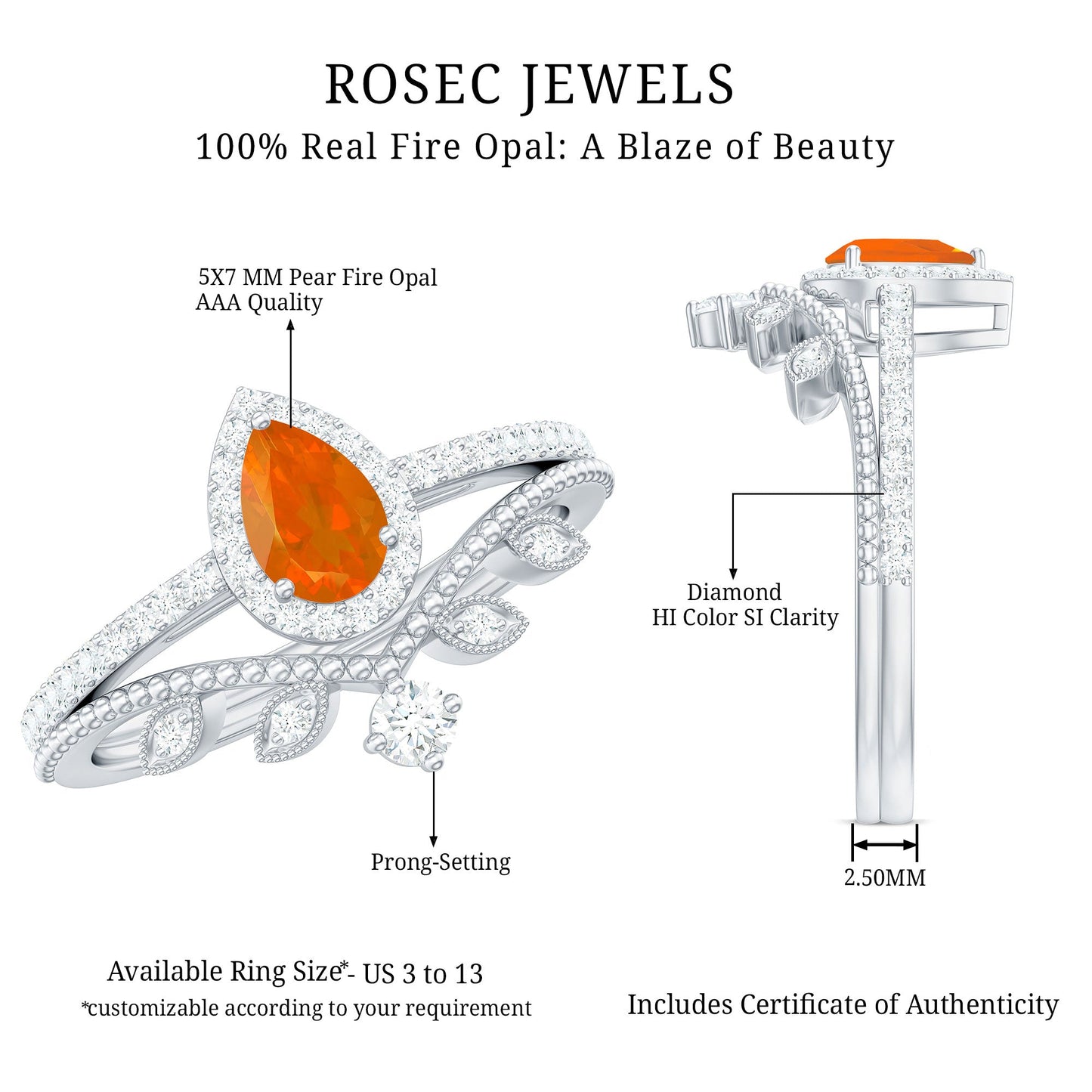 Vintage Inspired Fire Opal Teardrop Wedding Ring Set with Diamond