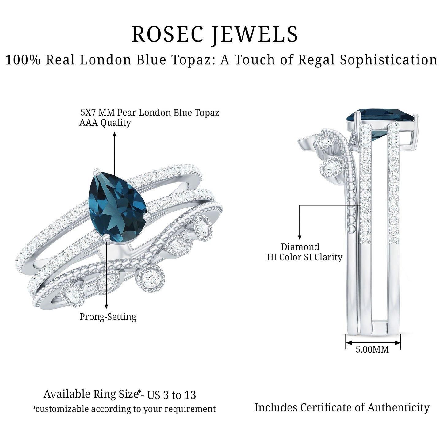 Pear London Blue Topaz Double Band Engagement Ring with Diamond Enhancer