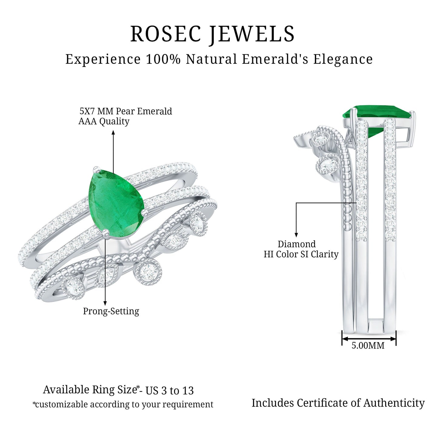 Vintage Style Emerald Diamond Wedding Bridal Ring Set