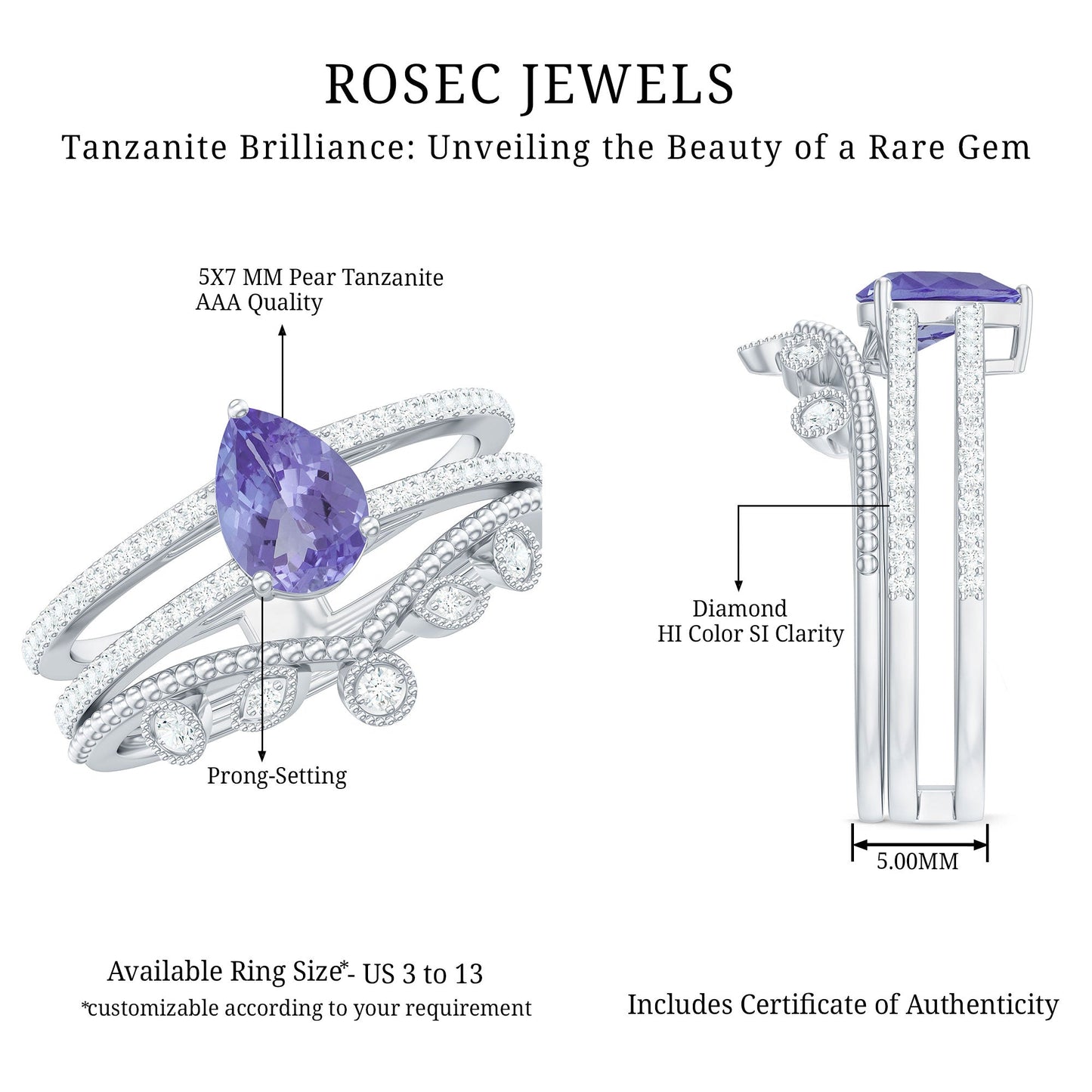 Real Tanzanite Diamond Double Band Engagement Ring with Curved Wedding Band