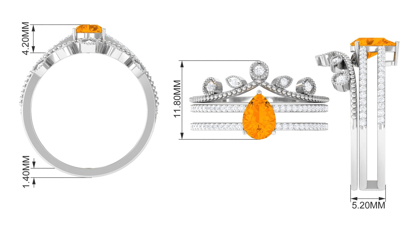 Pear Cut Fire Opal and Diamond Vintage Engagement Ring with Wedding Band Set
