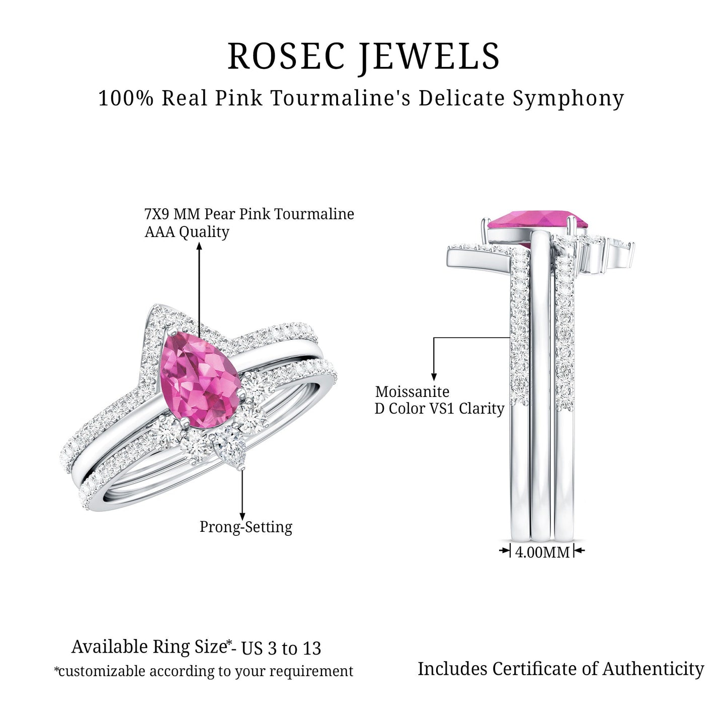 Pear Cut Pink Tourmaline Trio Wedding Ring Set with Moissanite