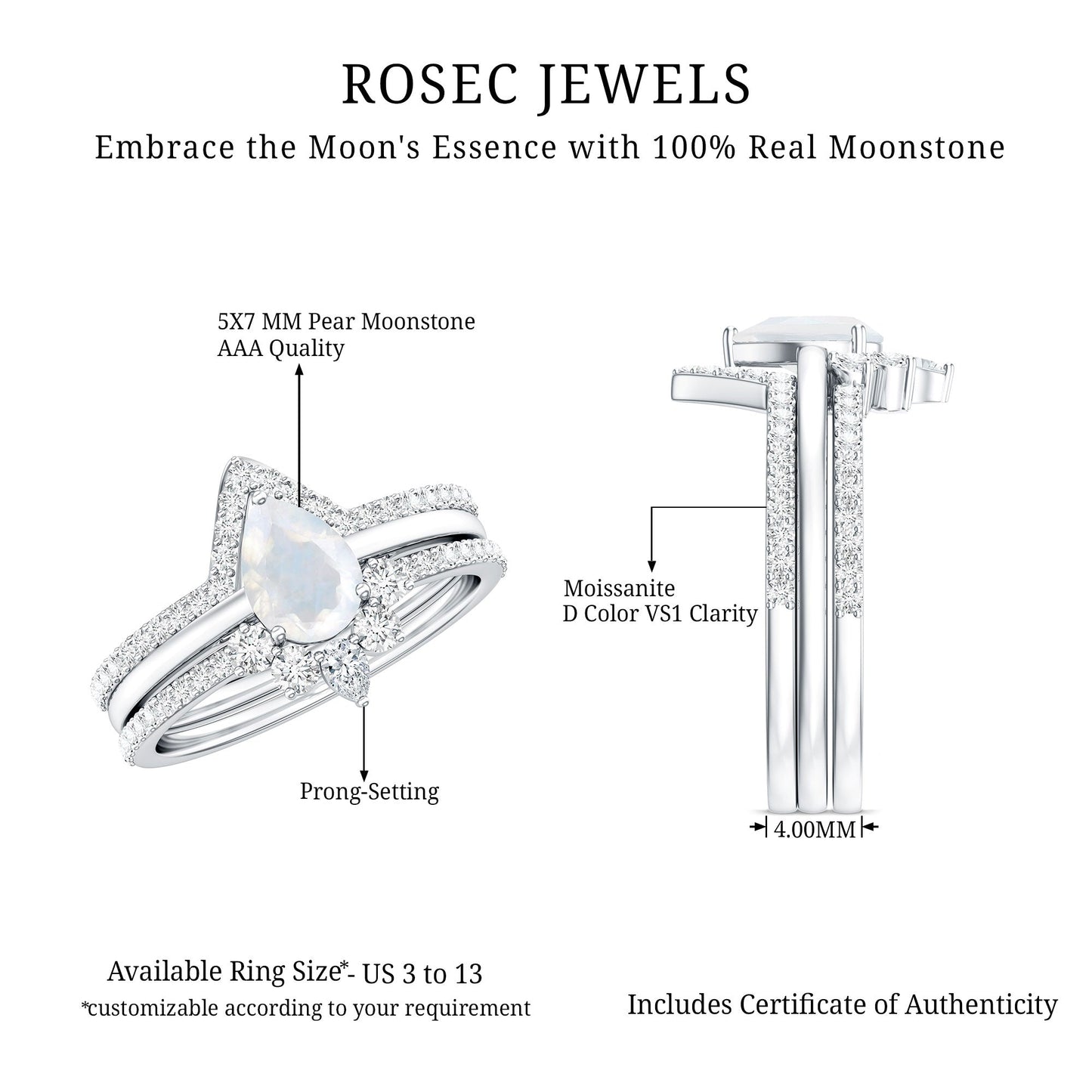 Pear Cut Moonstone Trio Wedding Ring Set with Moissanite