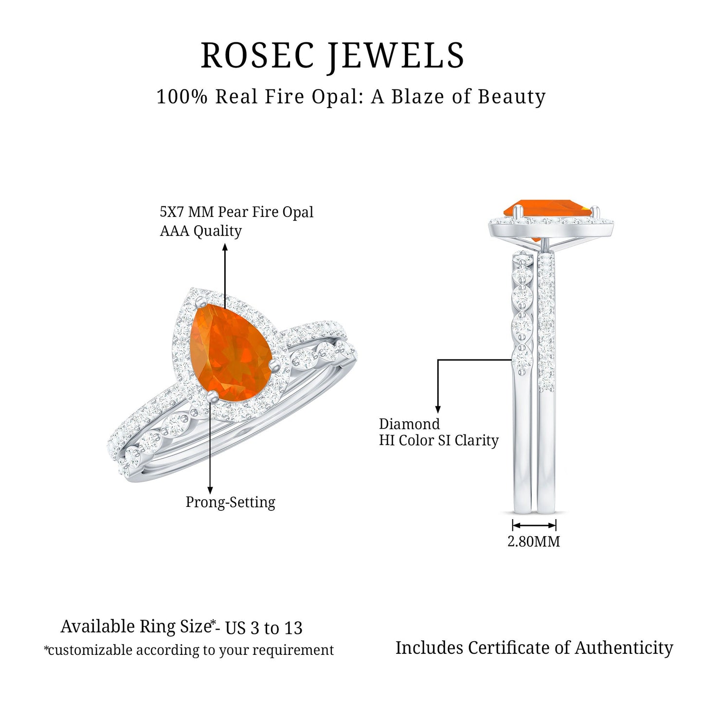 Teardrop Fire Opal Bridal Ring Set with Diamond