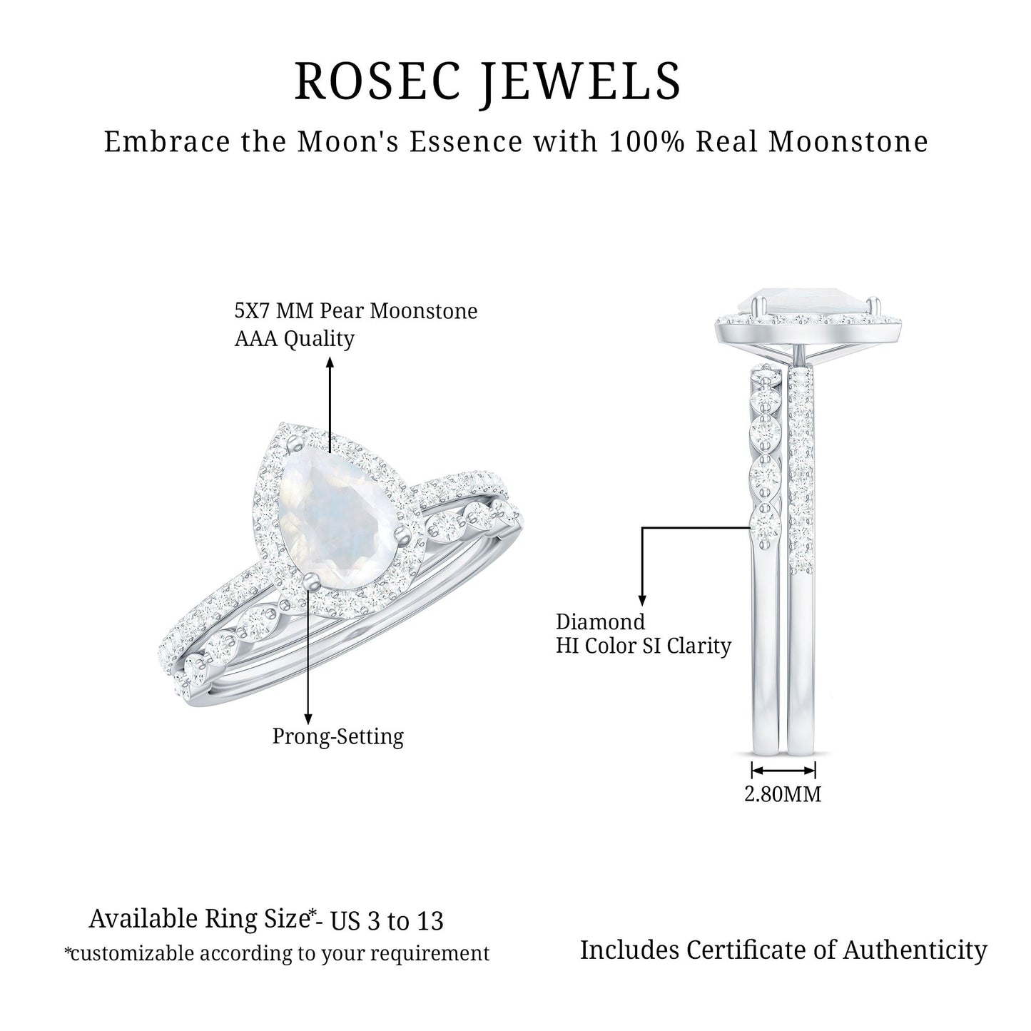 Teardrop Moonstone Bridal Ring Set with Diamond