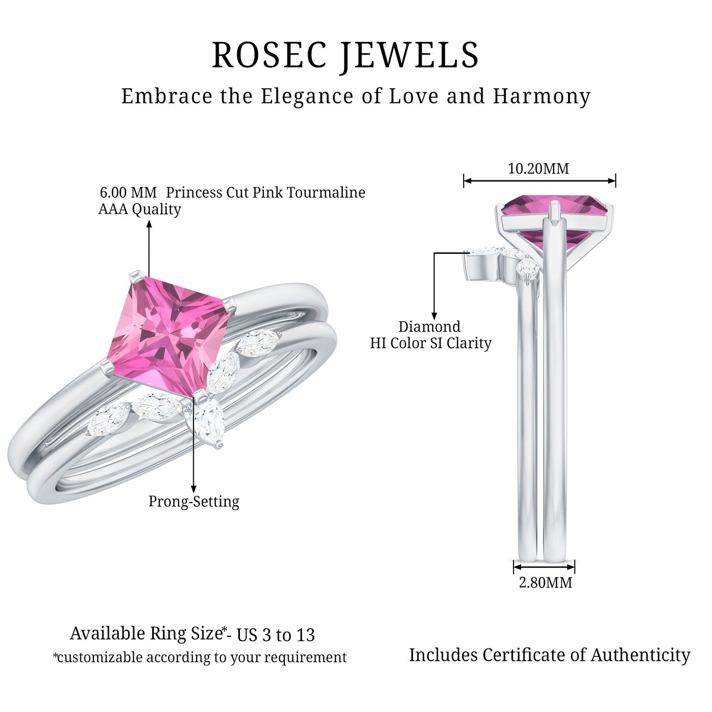 Princess Cut Pink Tourmaline Solitaire Ring Set with Diamond