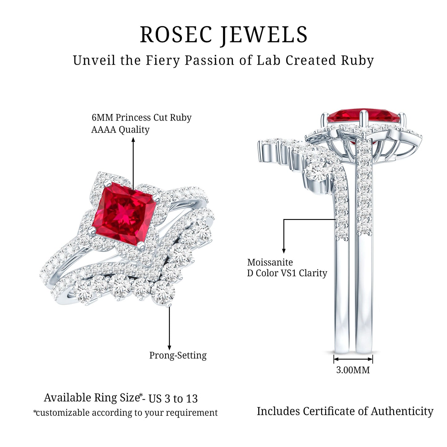1.5 Carat Designer Created Ruby and Moissanite Wedding Ring Set
