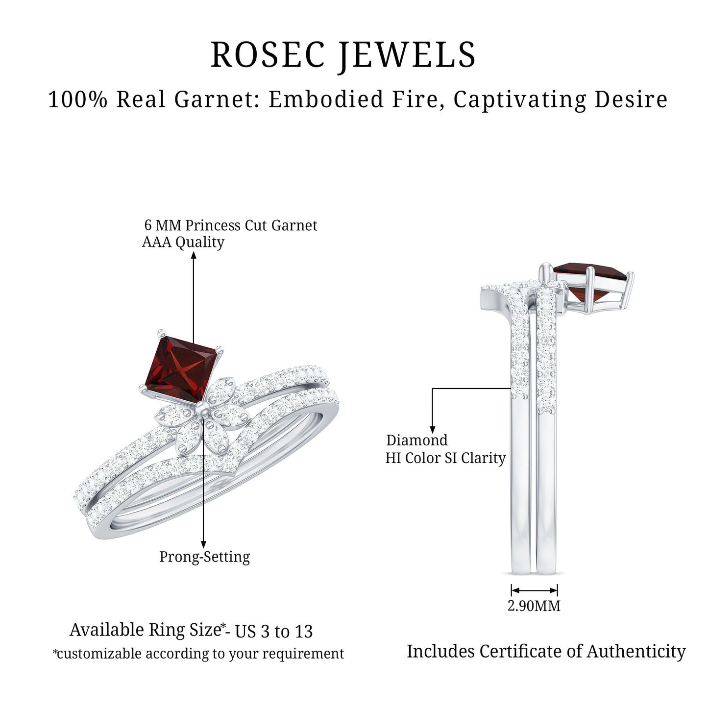Natural Garnet Diamond Flower Engagement Ring Wedding Band Set