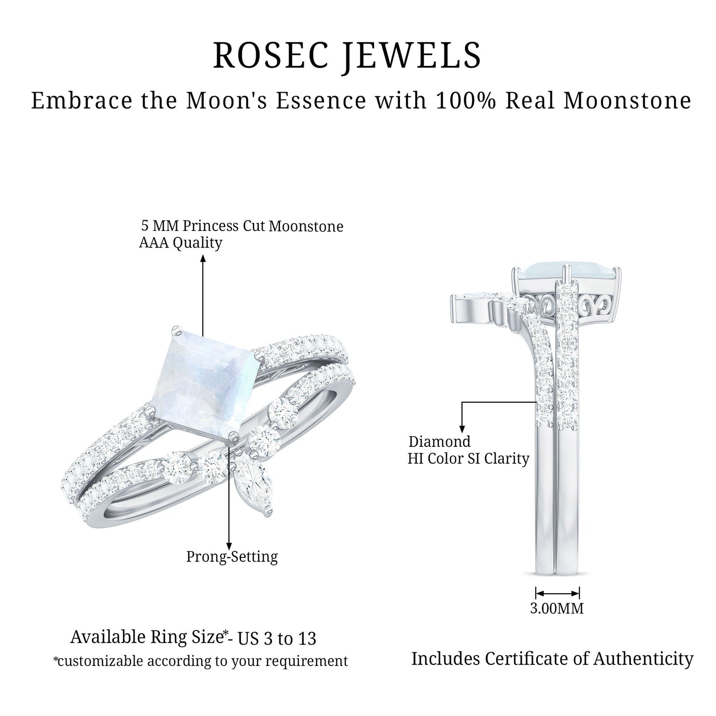 Princess Cut Solitaire Moonstone Designer Ring Set with Diamond