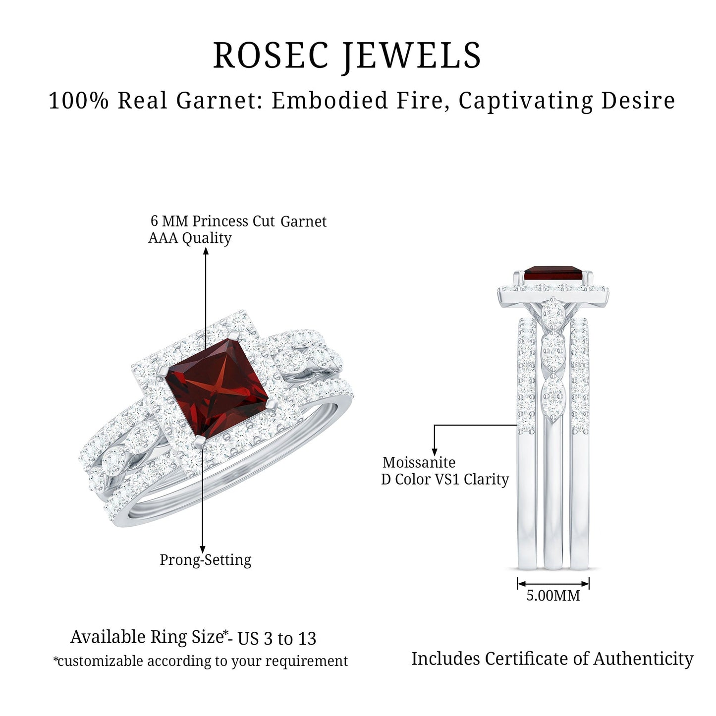 Genuine 1.4 Carat Princess Cut Garnet 3 Piece Bridal Ring Set with Moissanite