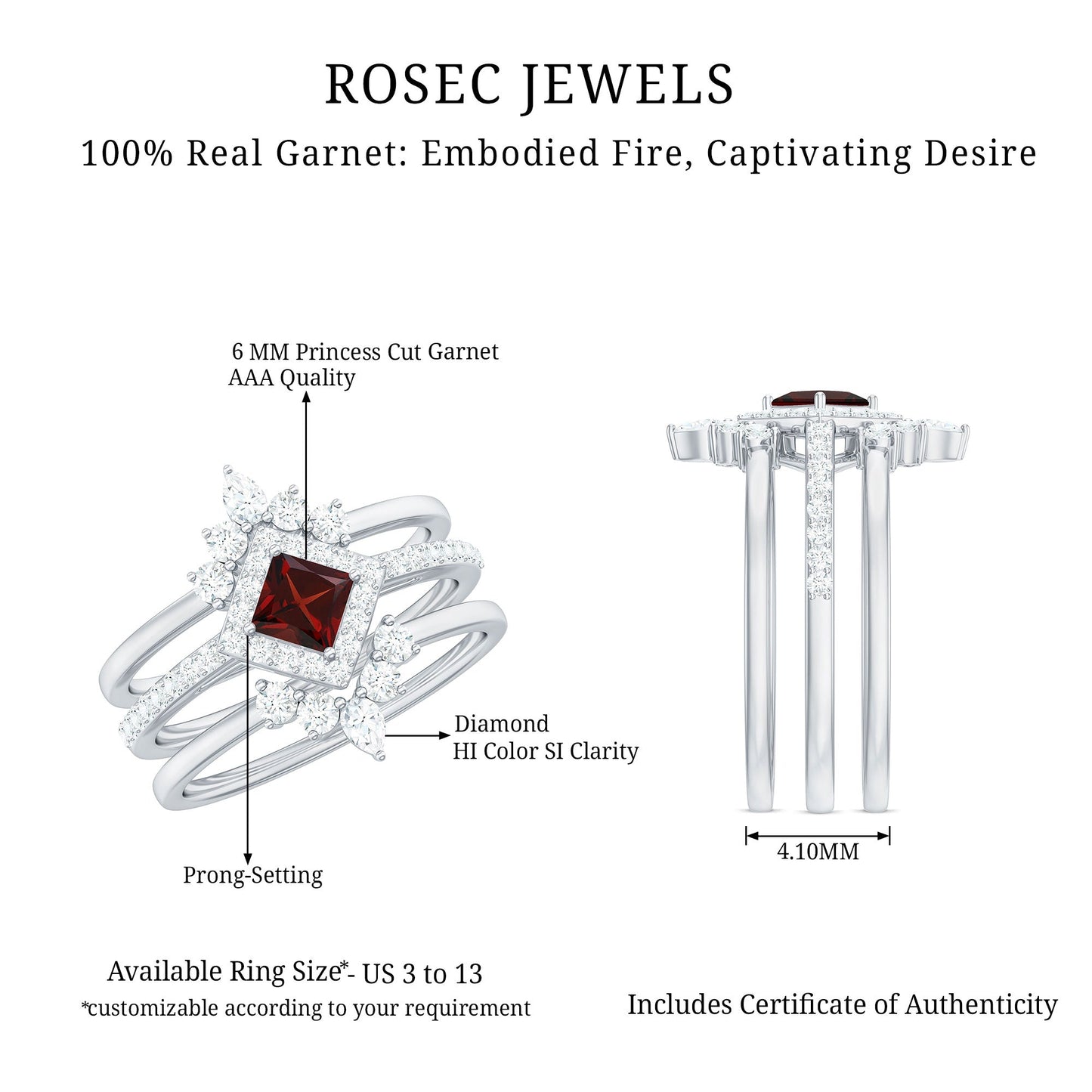 1.4 Carat Natural Garnet Diamond 3 Piece Bridal Ring Set