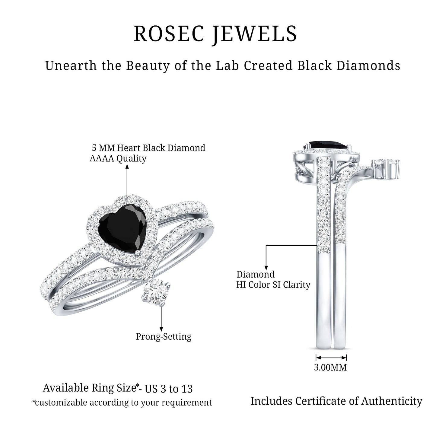 Created Black Diamond Heart Engagement Ring Set with Diamond