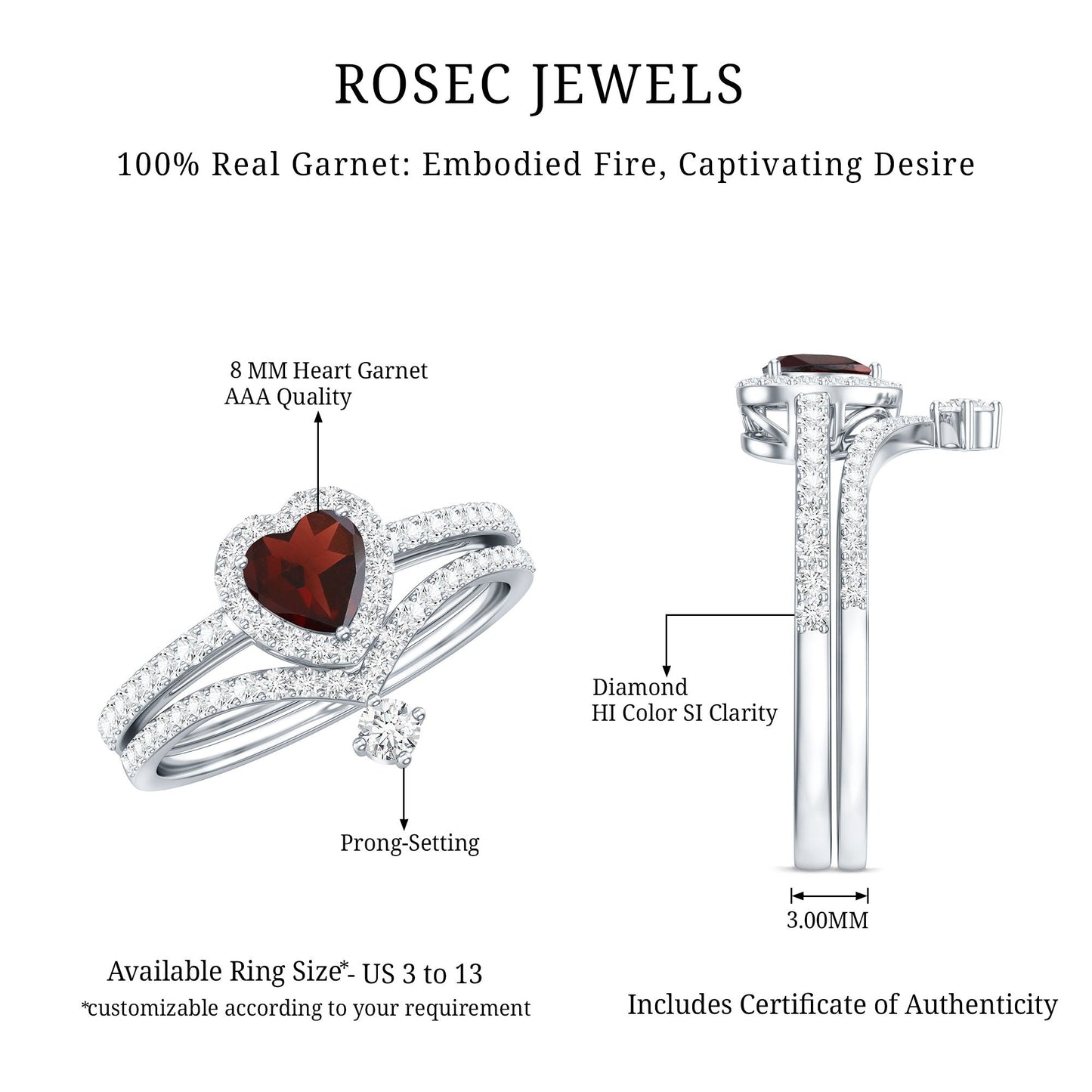 Natural Garnet Diamond Heart Engagement Ring Wedding Band Set