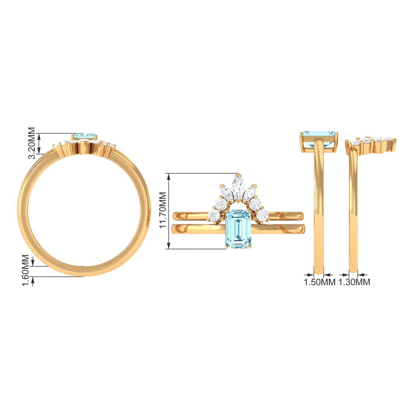 Natural Emerald Cut Aquamarine Engagement Ring with Diamond Wedding Band