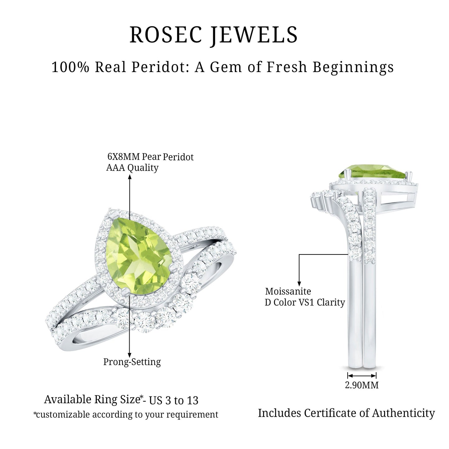 Real 1 Carat Peridot Pear Shaped Engagement Ring with Curved Enhancer