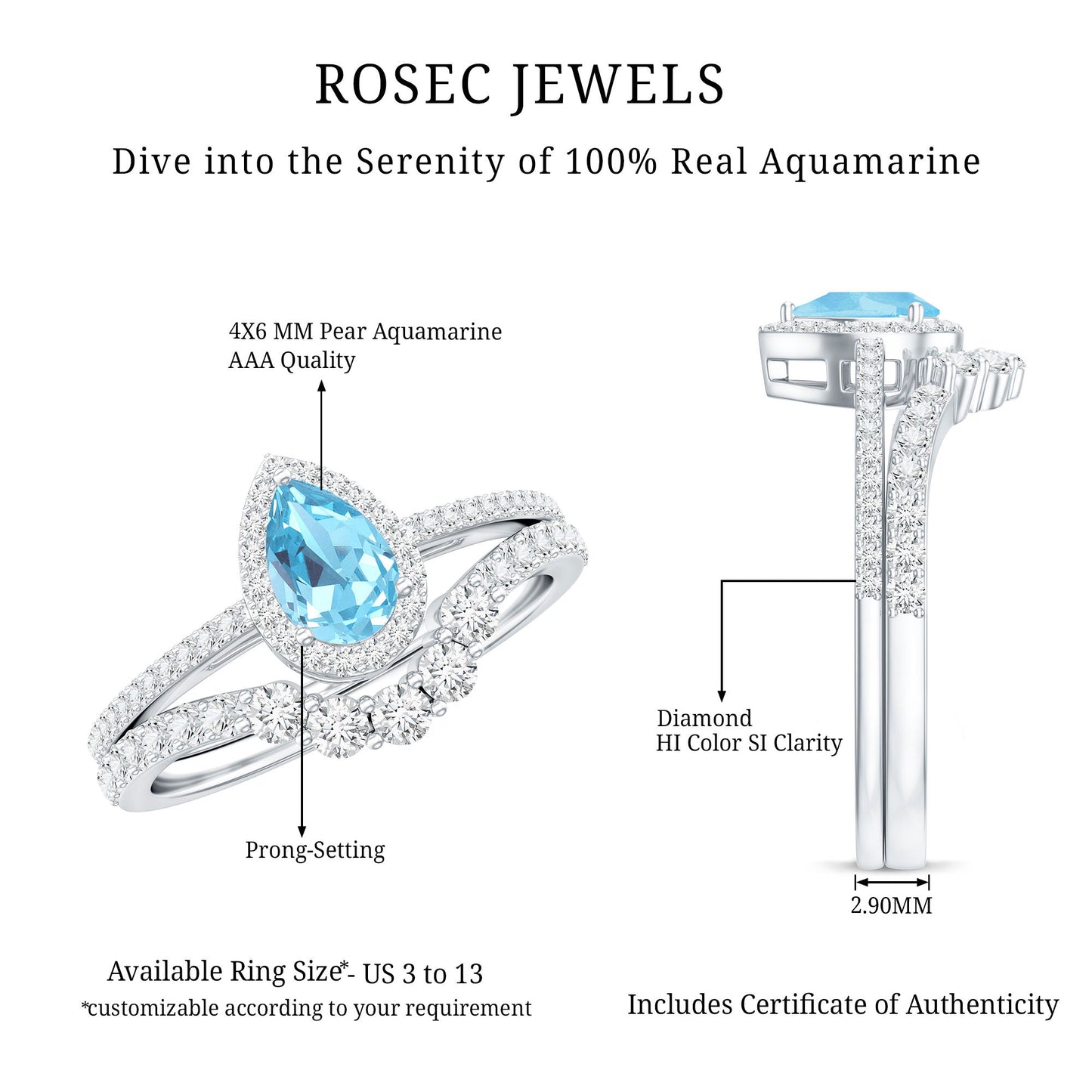 Genuine Aquamarine Teardrop Bridal Ring Set with Diamond Halo