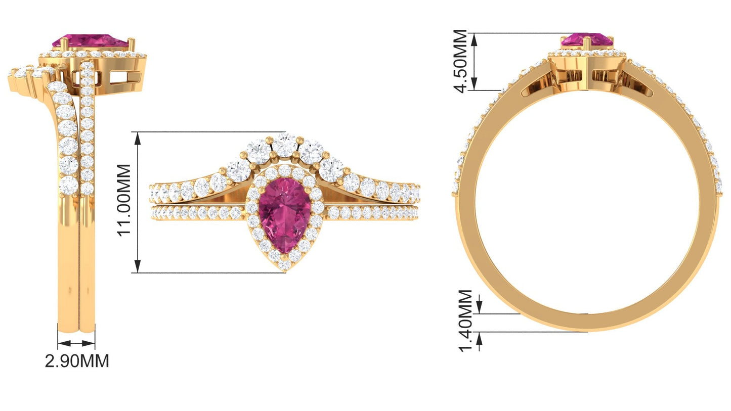 Pink tourmaline Designer Teardrop Ring Set with Moissanite Halo