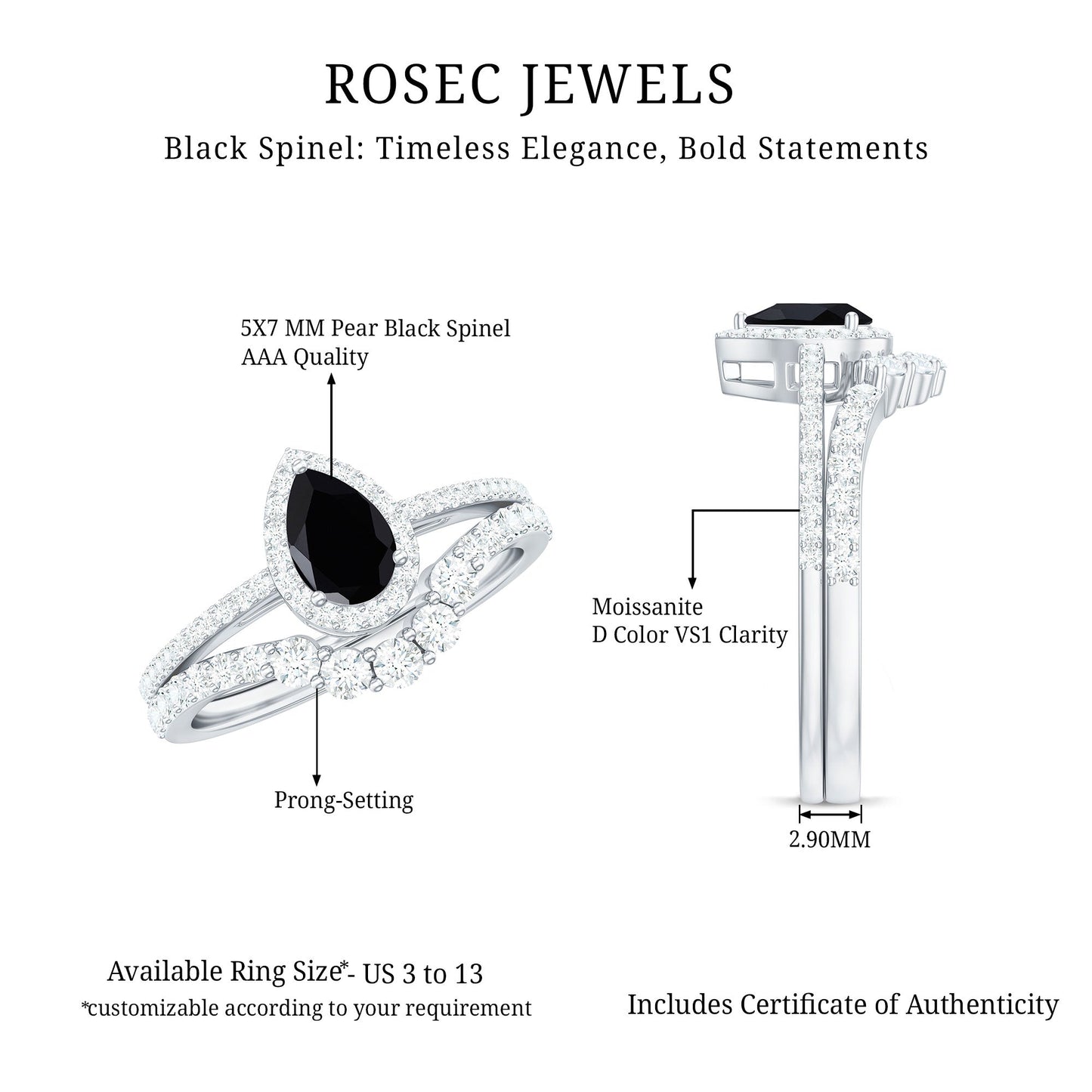 Natural Black Spinel Pear Shaped Engagement Ring with Moissanite Enhancer