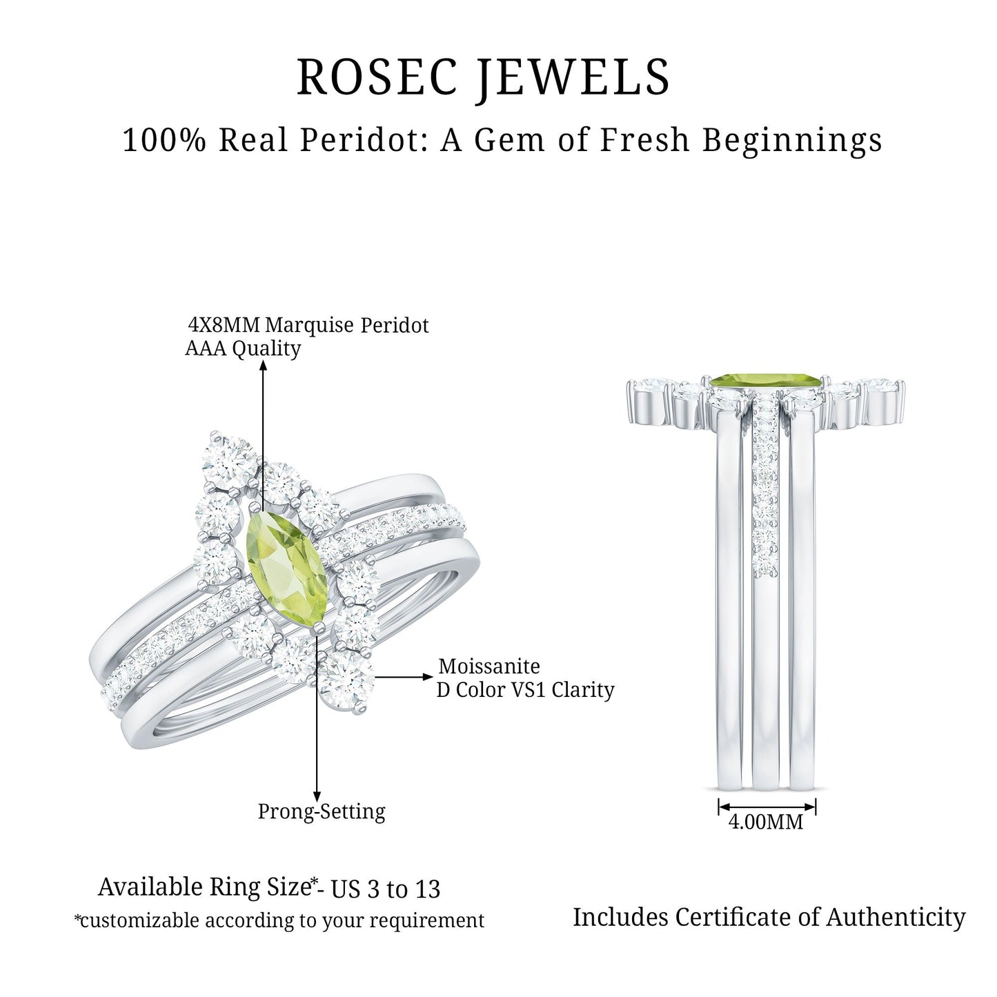 Marquise Cut Peridot Solitaire Trio Ring Set with Moissanite