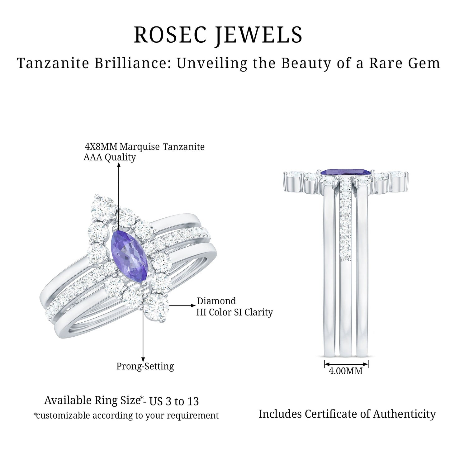 Marquise Cut Tanzanite Solitaire Ring Set with Diamond