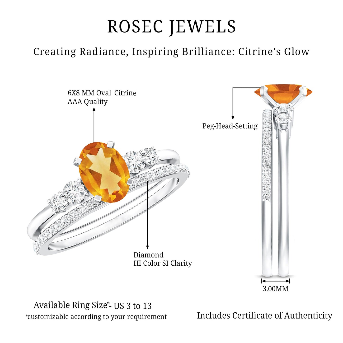 Natural 1 Carat Oval Citrine Diamond Wedding Bridal Ring Set of 2