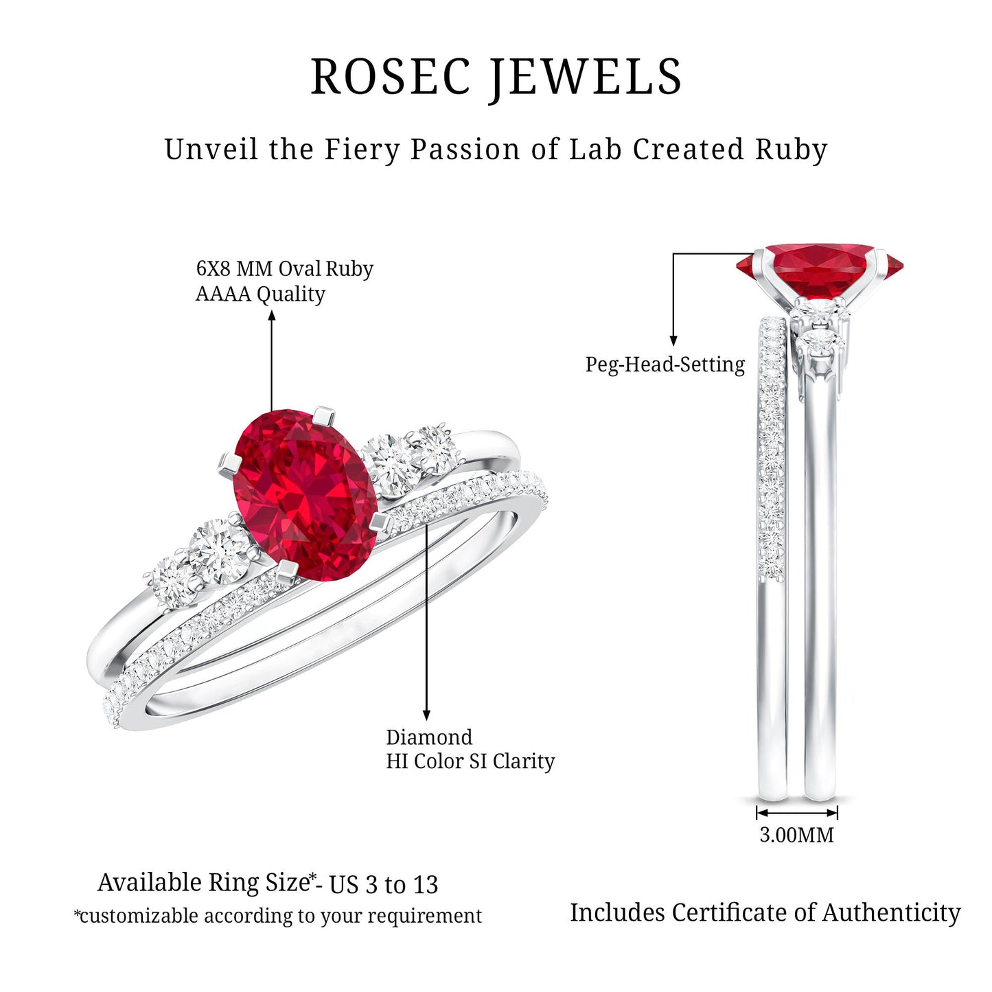 1.5 Carat Oval Lab Created Ruby Solitaire Bridal Ring Set with Diamond