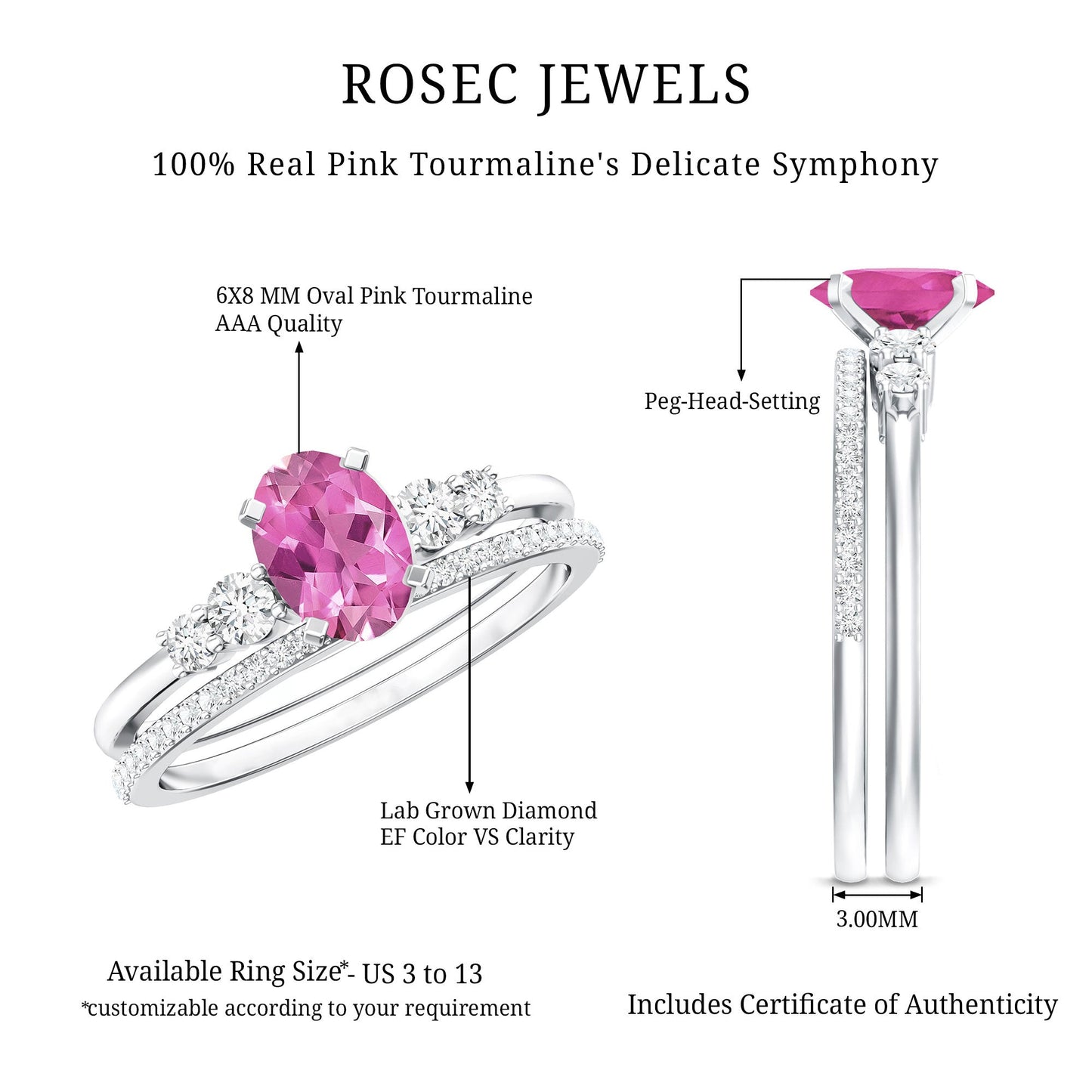 Oval Pink tourmaline Ring with Diamond Wedding Band