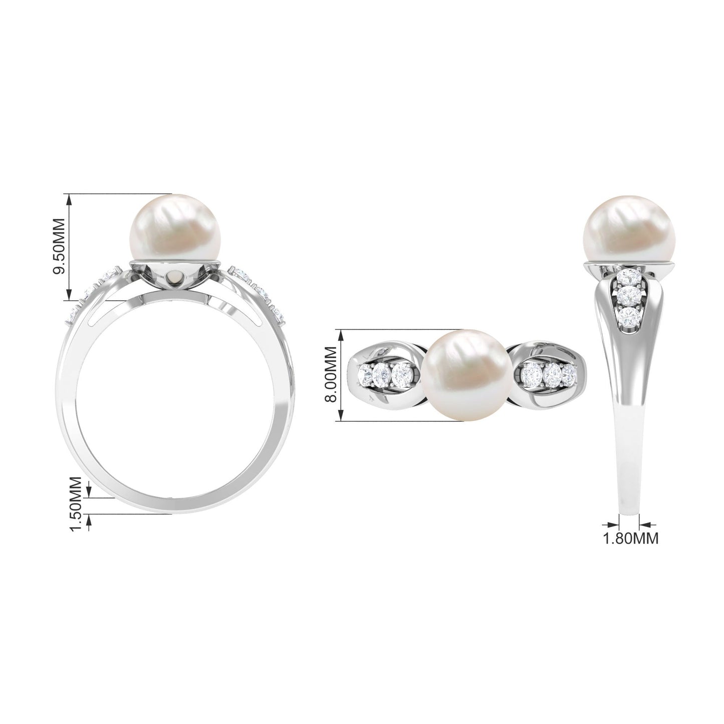Bead Set Freshwater Pearl Solitaire Ring with Diamond Side Stones
