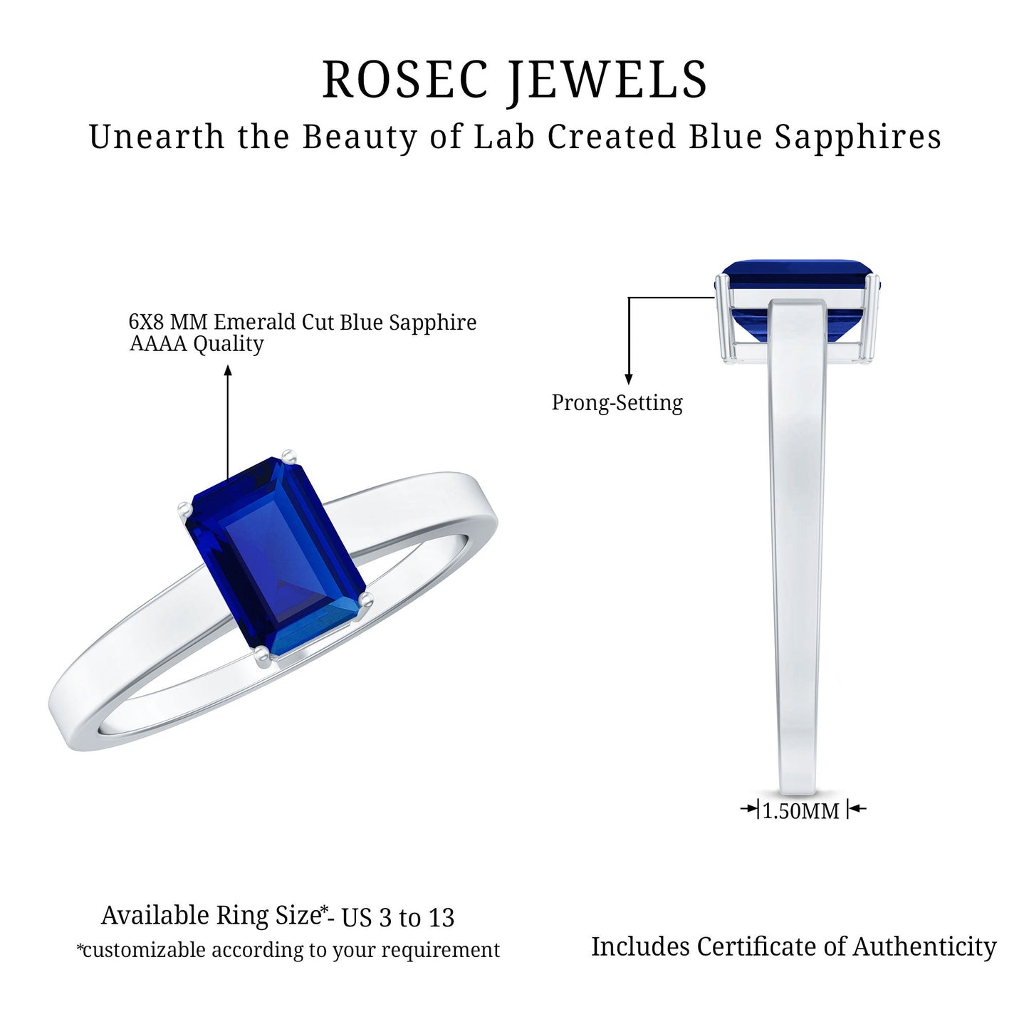 6X8 mm Emerald Cut Lab Created Blue Sapphire Solitaire Engagement Ring
