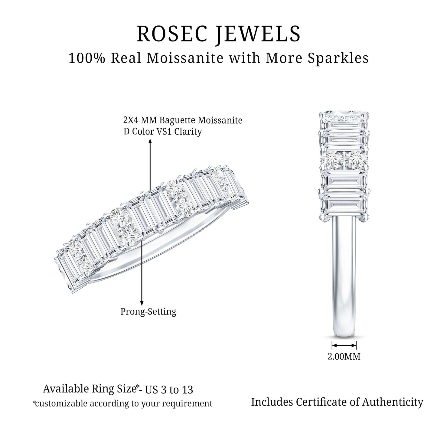 Baguette and Round Moissanite Half Eternity Band Ring