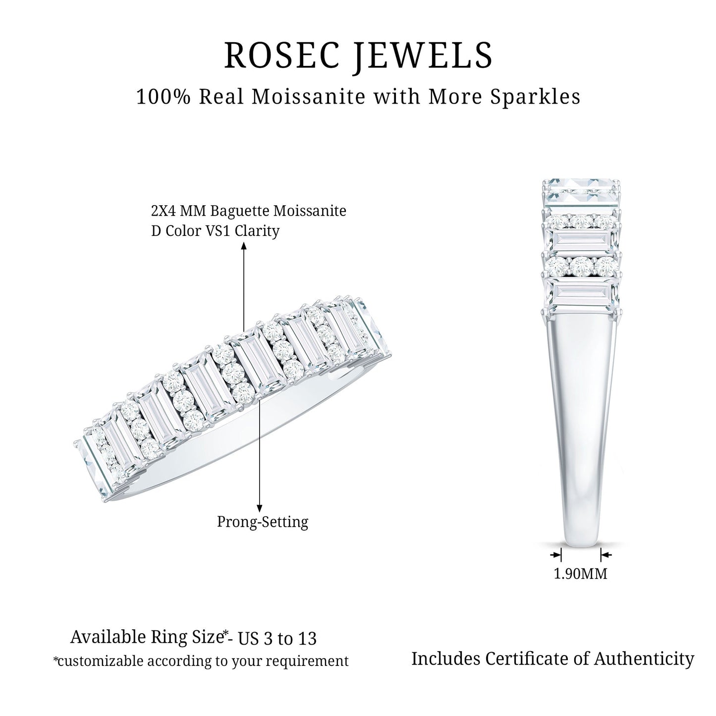 Certified Baguette Moissanite Half Eternity Band Ring for Women