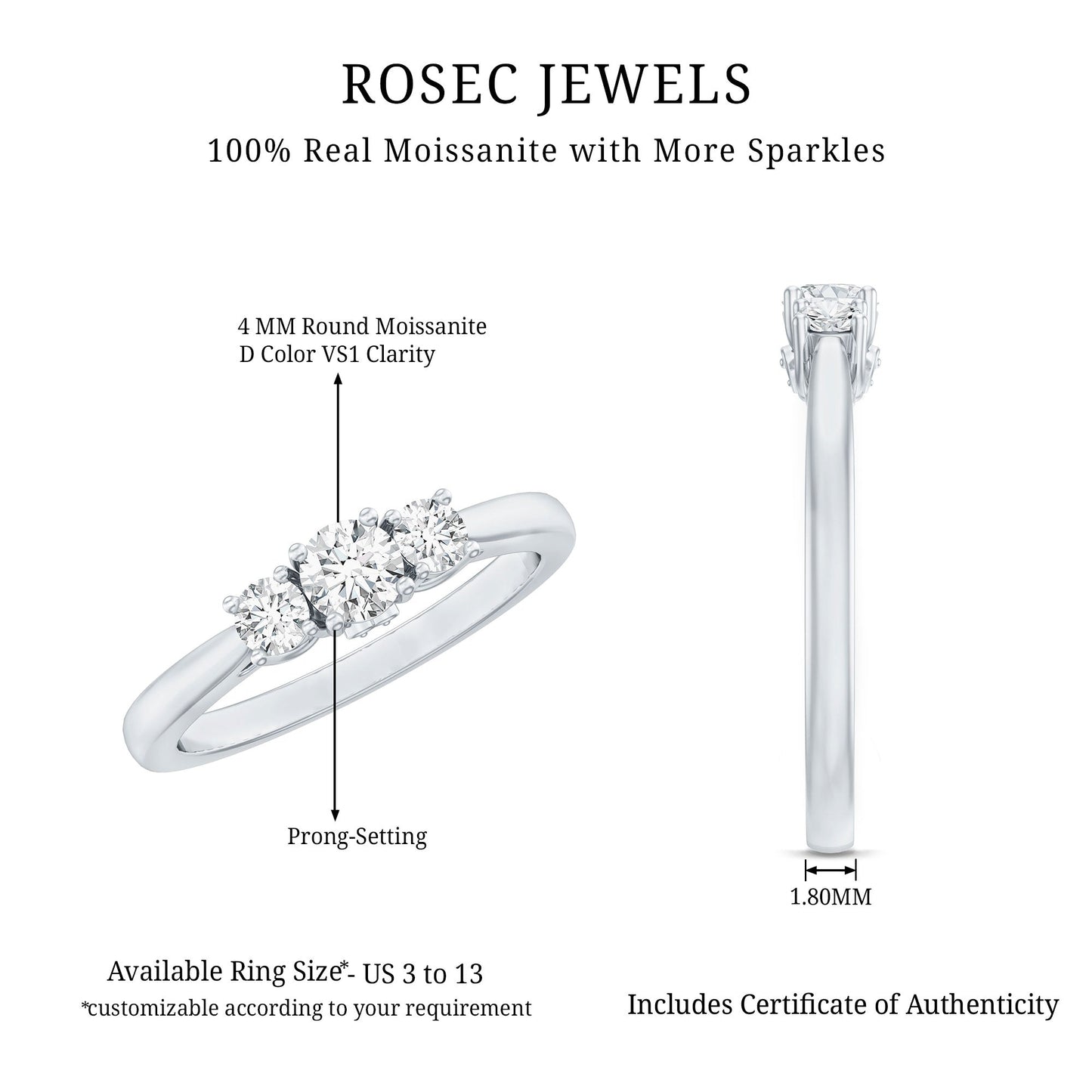 Brilliant Cut Moissanite 3 Stone Promise Ring for Women