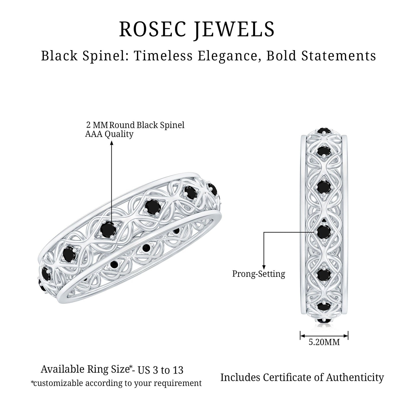 Vintage Inspired Black Spinel Celtic Knot Eternity Band Ring