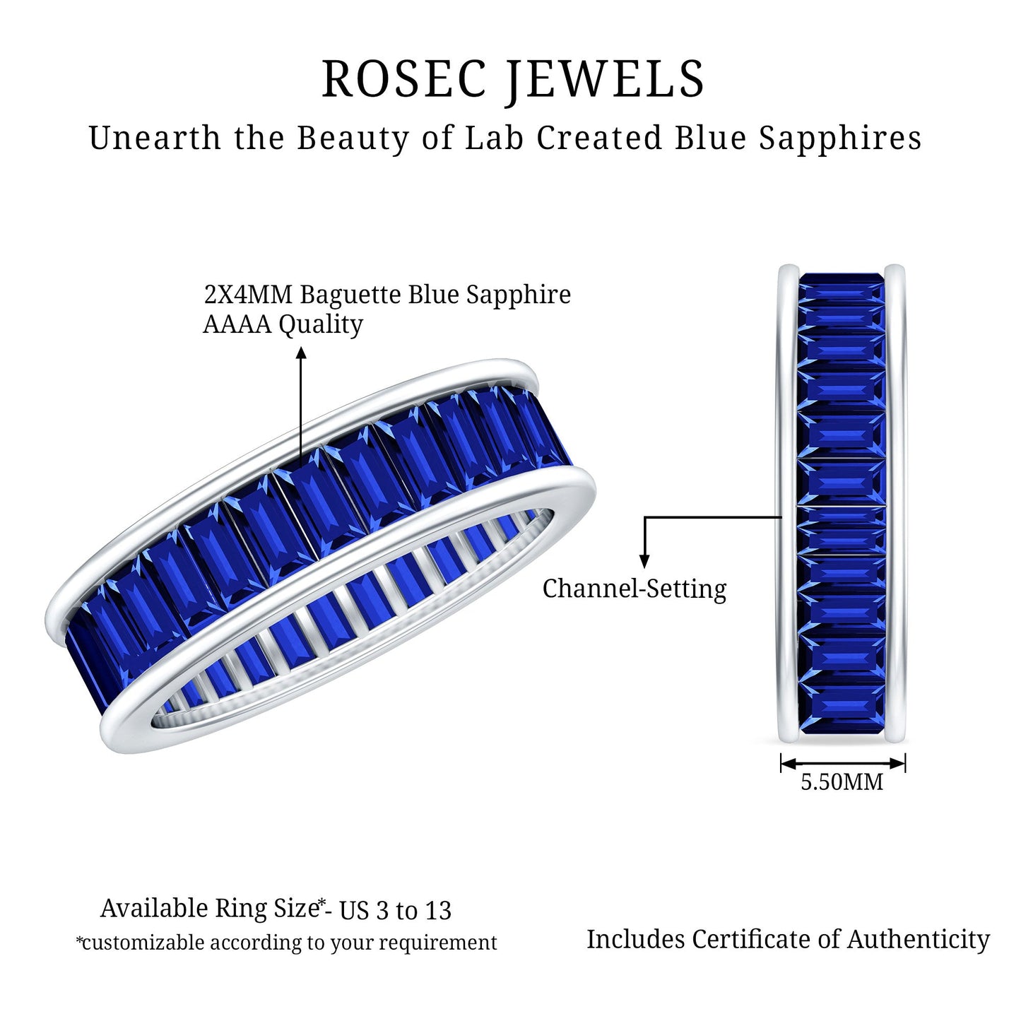 Baguette Shape Lab Created Blue Sapphire Channel Set Eternity Band