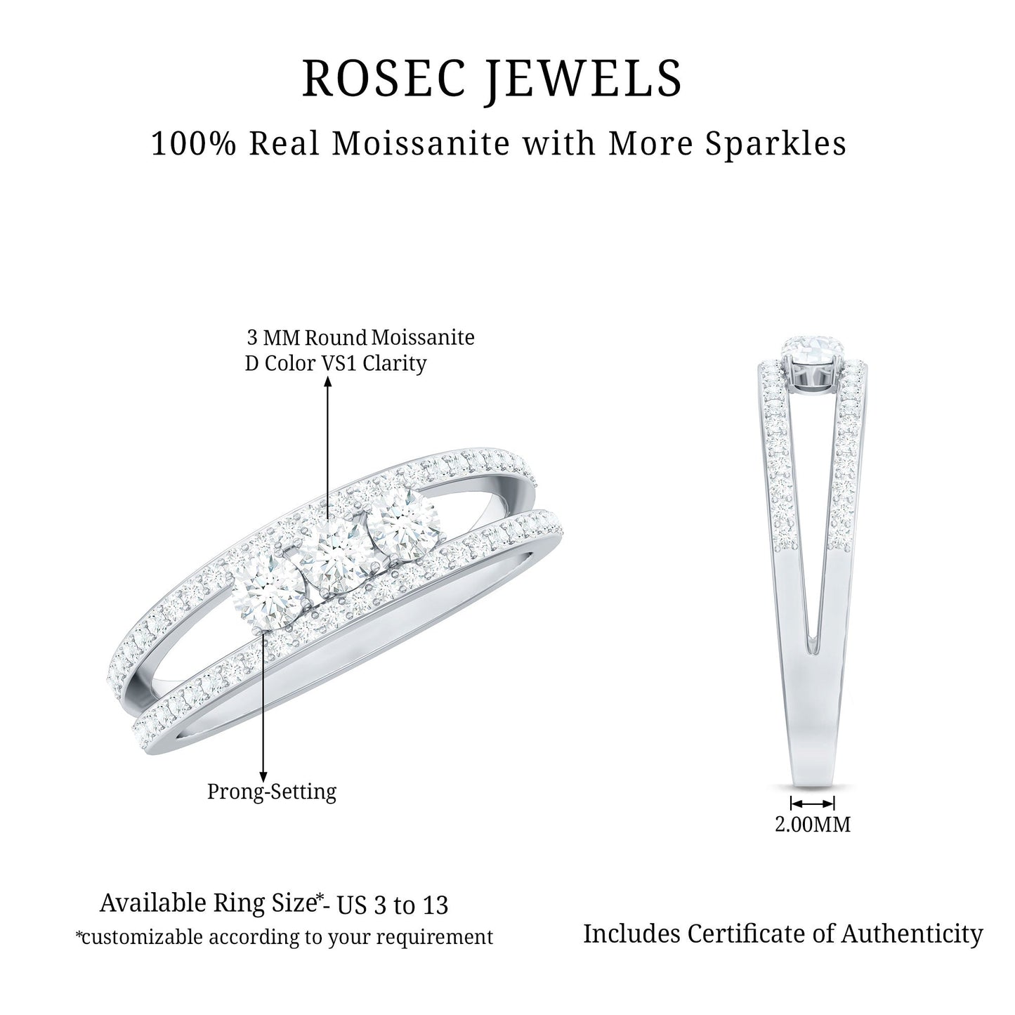 Certified Moissanite 3 Stone Anniversary Ring for Women